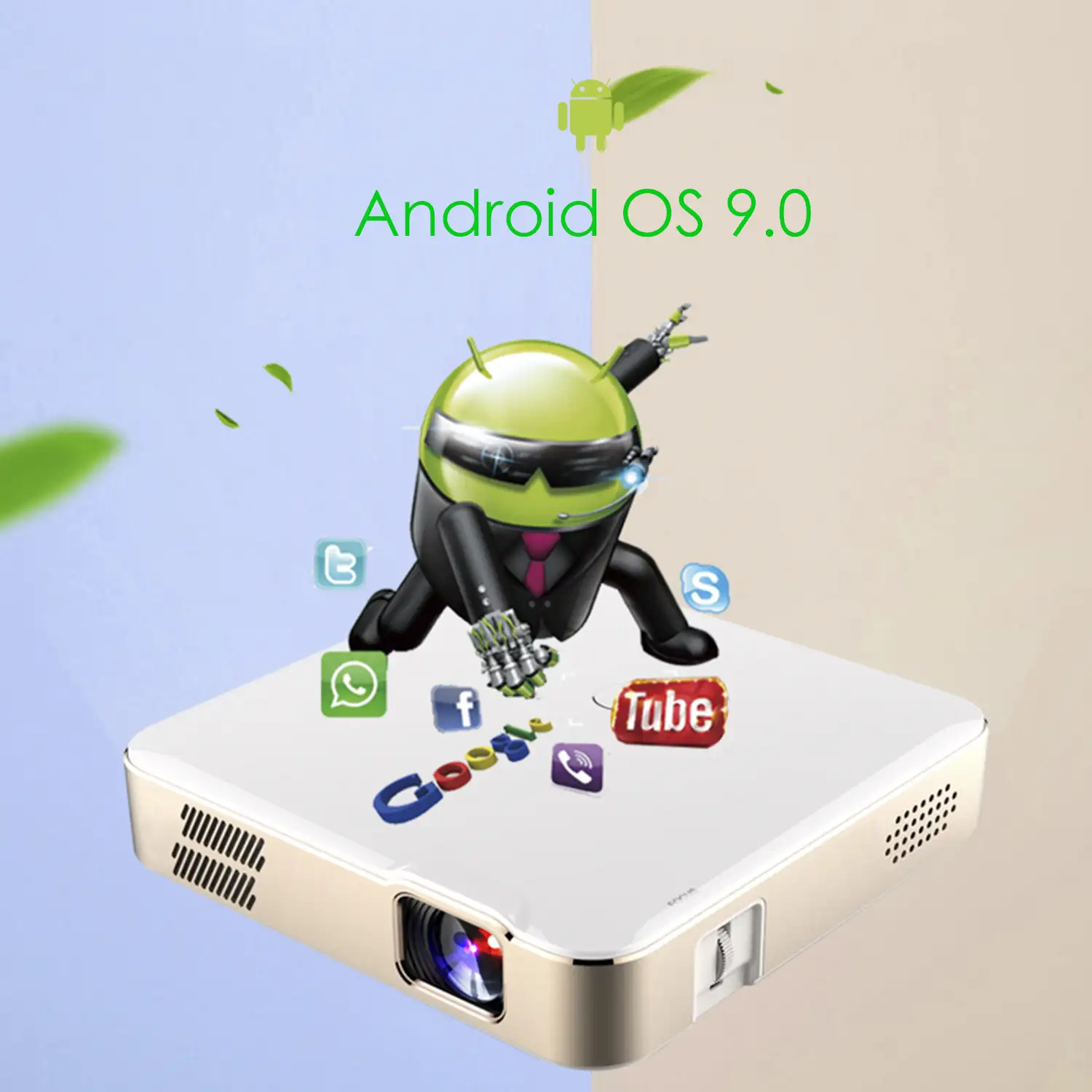 Mini video proyector LED portátil S280, DLP. HD 720P. Android 9.0, WiFi, panel táctil. Batería recargable. Duplicación pantalla. Netflix, Youtube, etc.