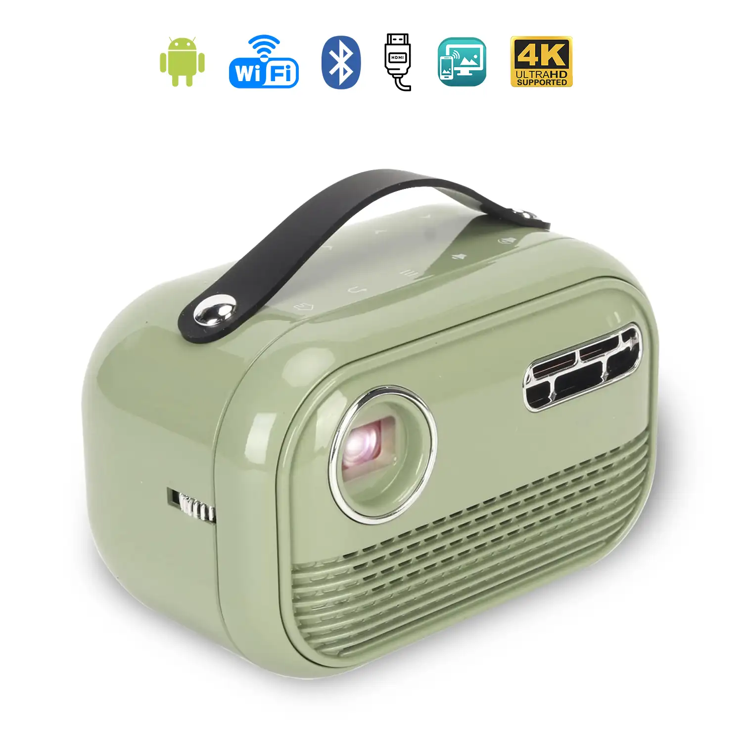 Mini video proyector LED portátil P16 estilo retro, DLP. Android 9.0, WiFi. Duplicación pantalla. Batería recargable. Netflix, Youtube, etc. 2+16GB.