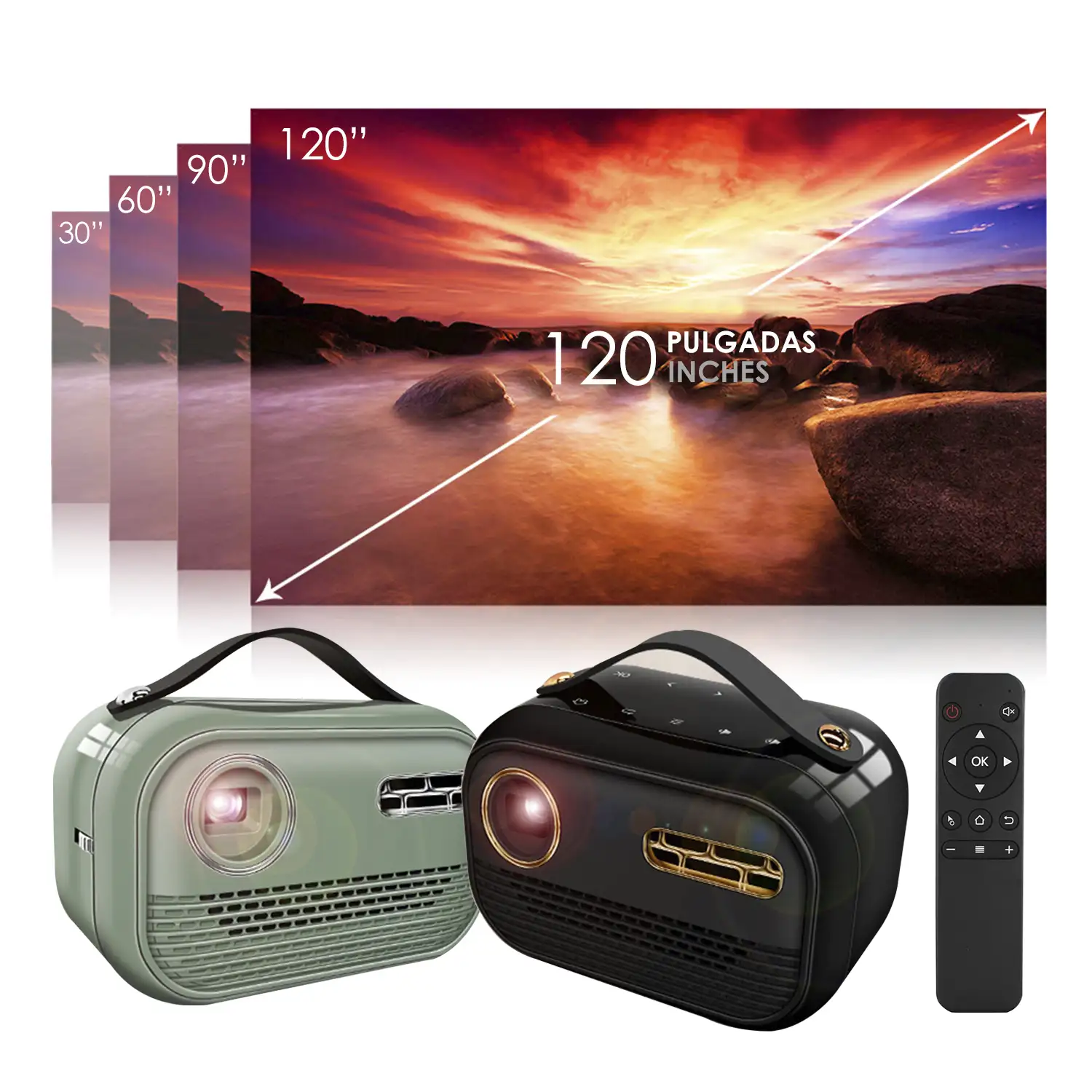 Mini video proyector LED portátil P16 estilo retro, DLP. Android 9.0, WiFi. Duplicación pantalla. Batería recargable. Netflix, Youtube, etc. 2+16GB.