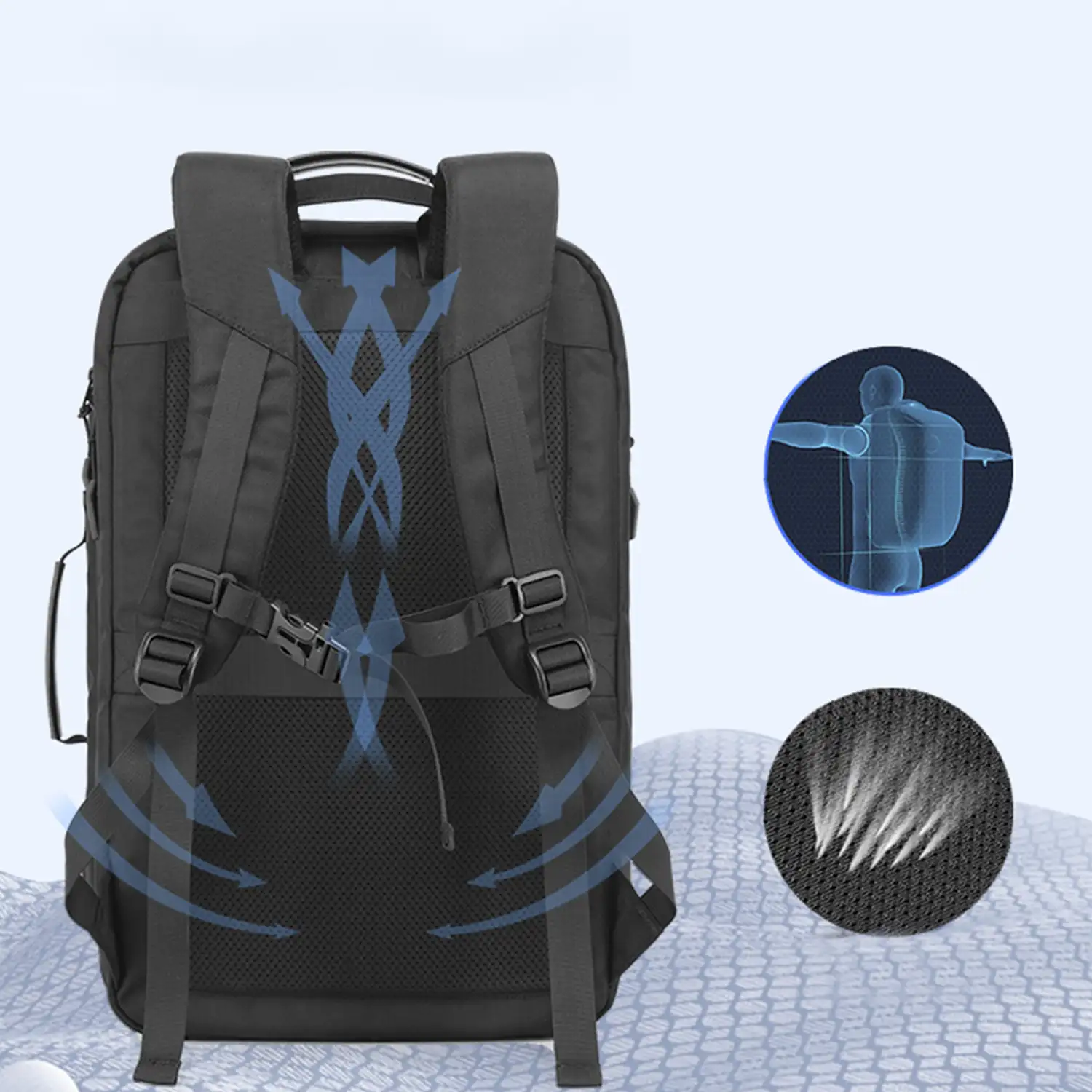 Mochila expandible 30L/45L multi compartimento con capa impermeable. Toma exterior USB. Laptop 17