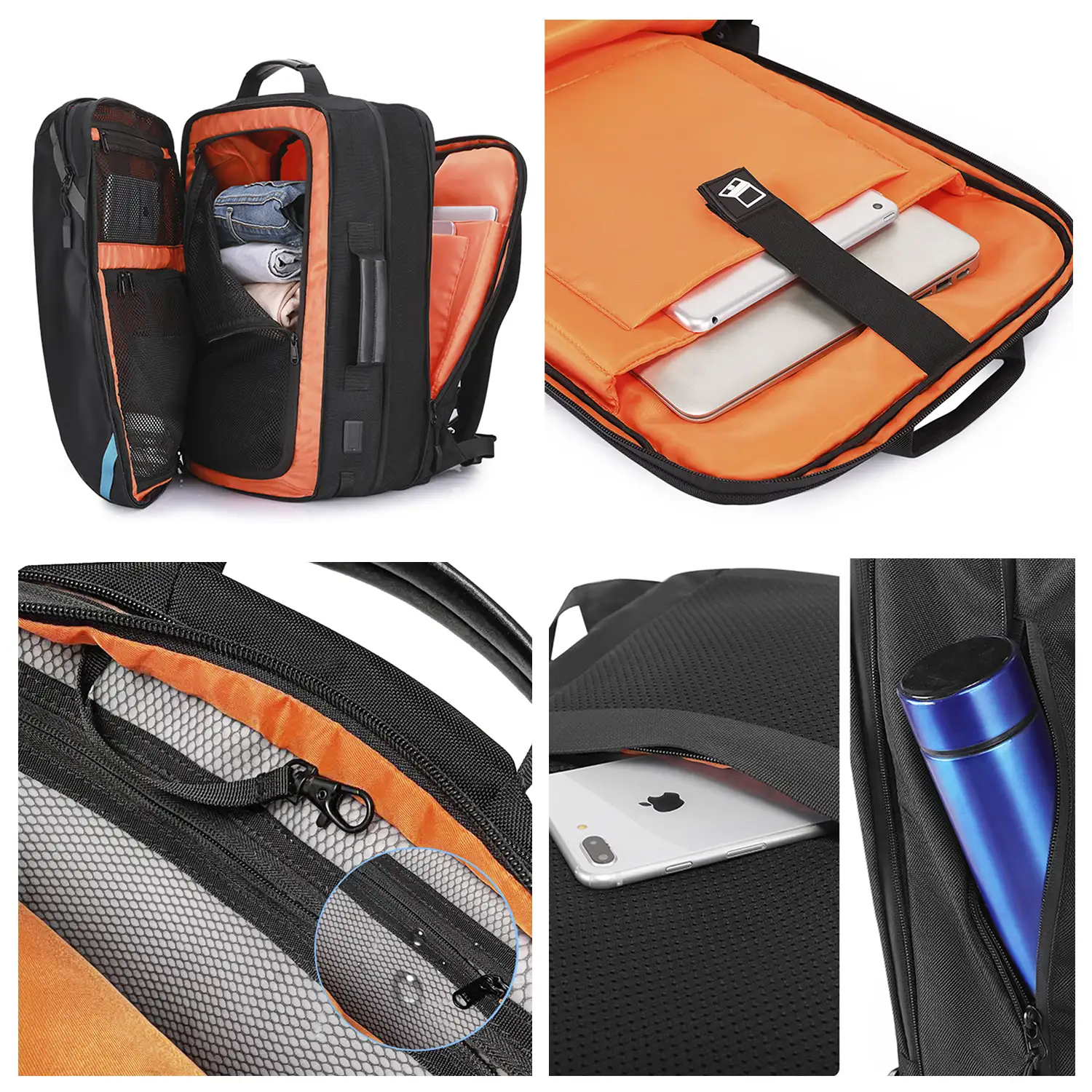 Mochila expandible 30L/45L multi compartimento con capa impermeable. Toma exterior USB. Laptop 17