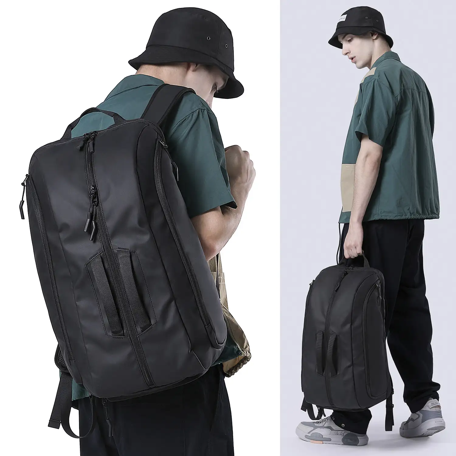 Mochila multi compartimento con capa impermeable. Uso tipo bolsa. Laptop 17