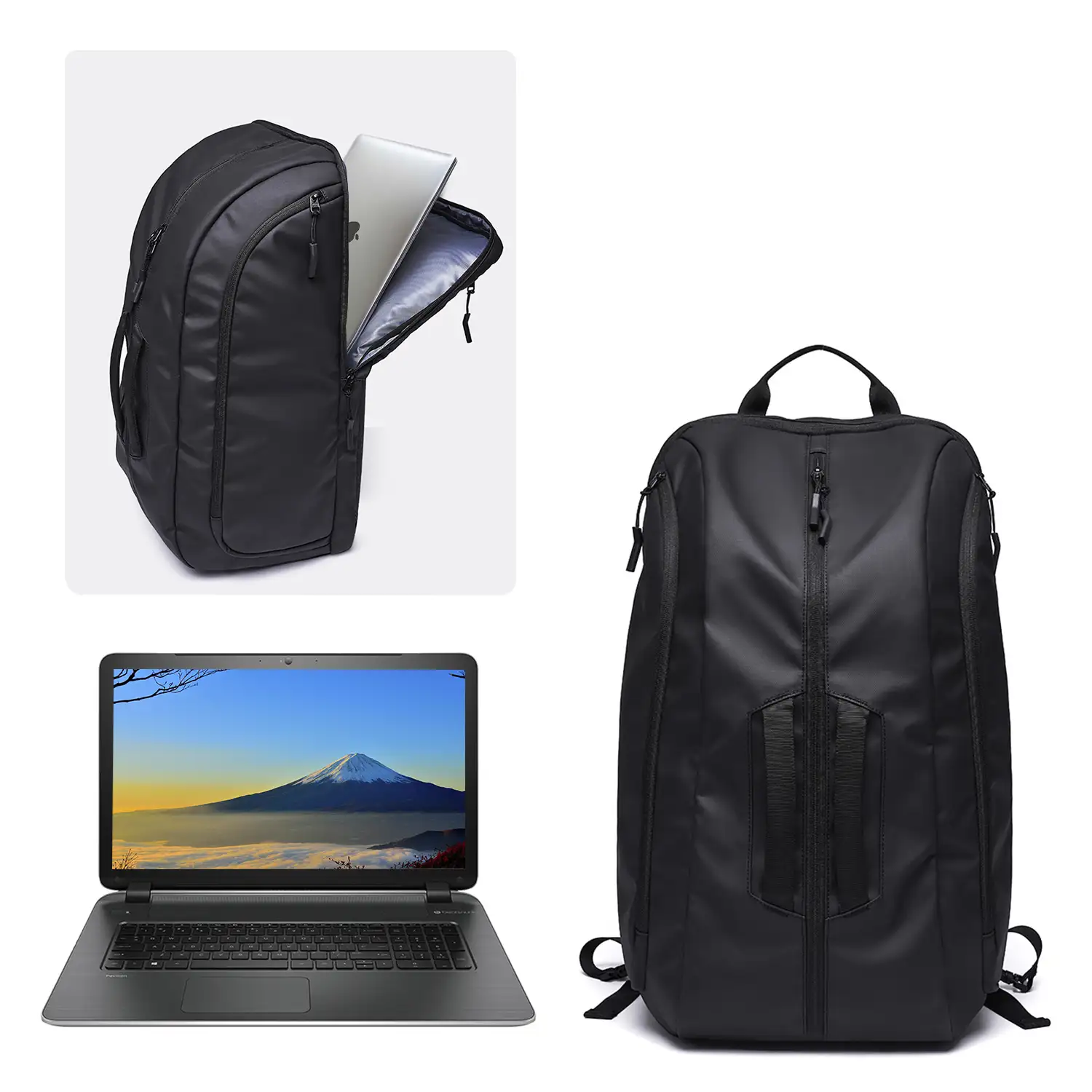 Mochila multi compartimento con capa impermeable. Uso tipo bolsa. Laptop 17