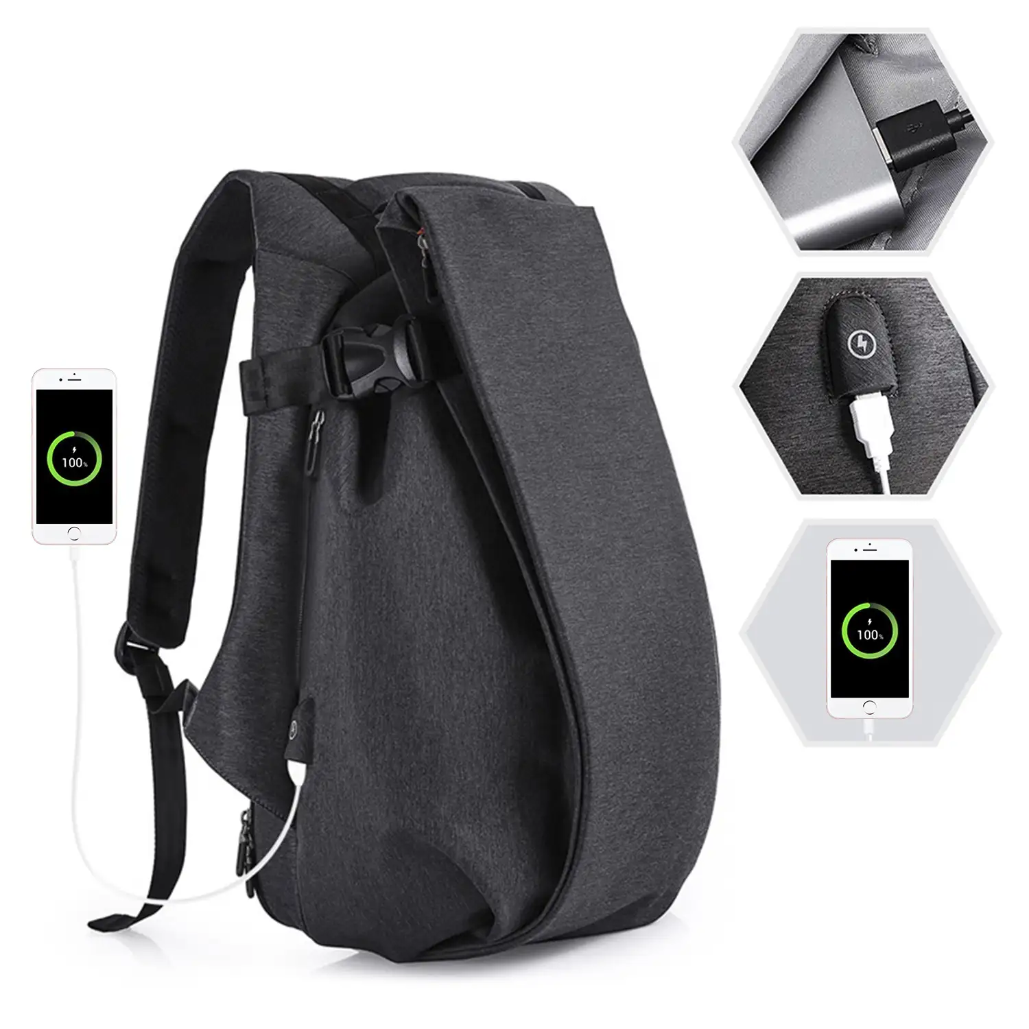 Mochila multi compartimento con capa impermeable. Toma USB externa. Laptop 15,6
