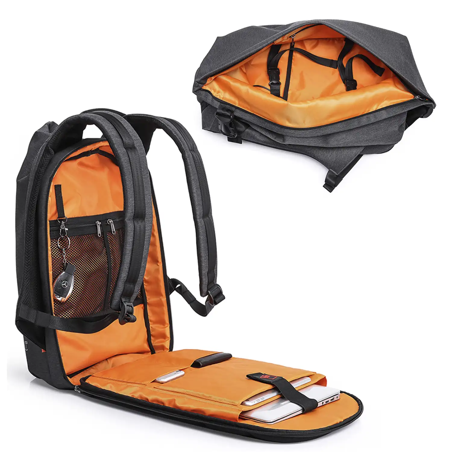 Mochila multi compartimento con capa impermeable. Toma USB externa. Laptop 15,6