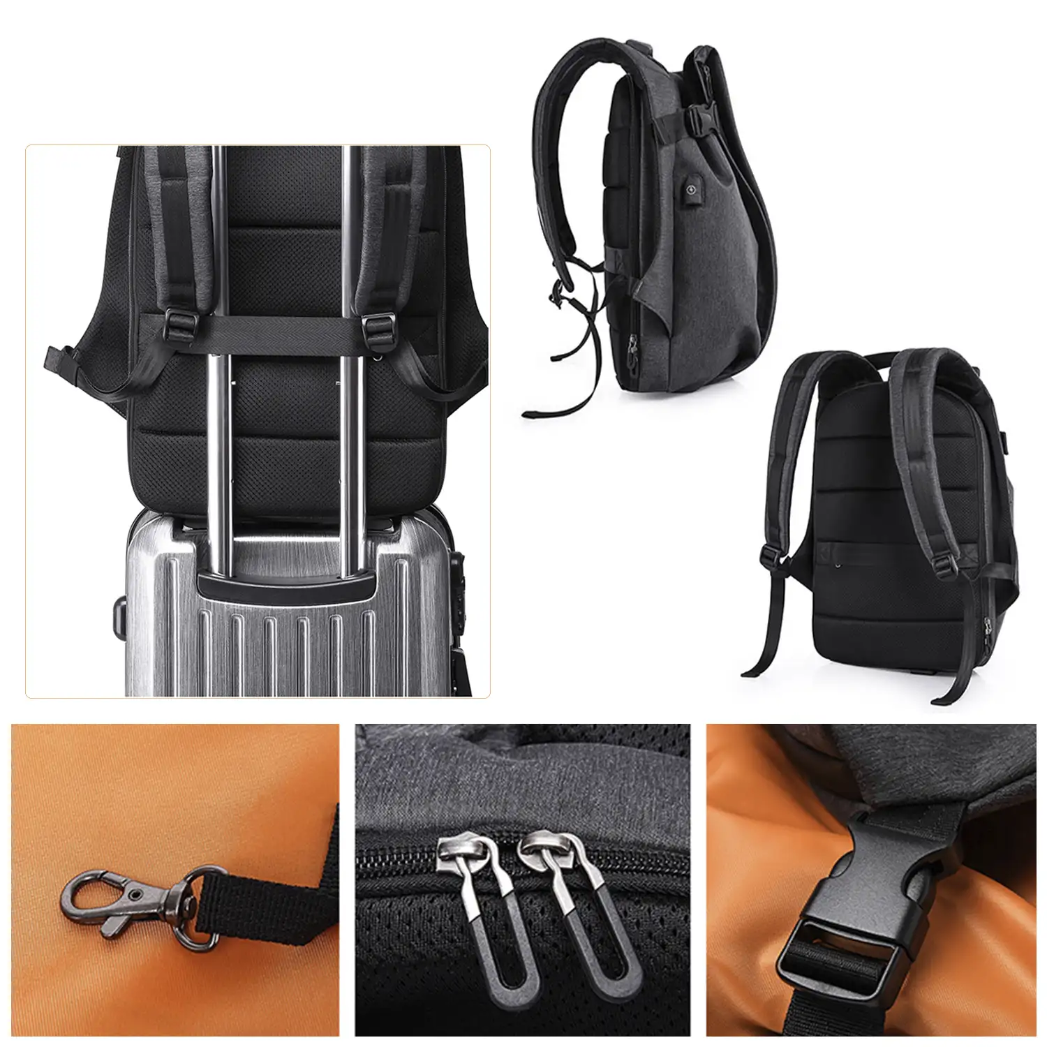 Mochila multi compartimento con capa impermeable. Toma USB externa. Laptop 15,6