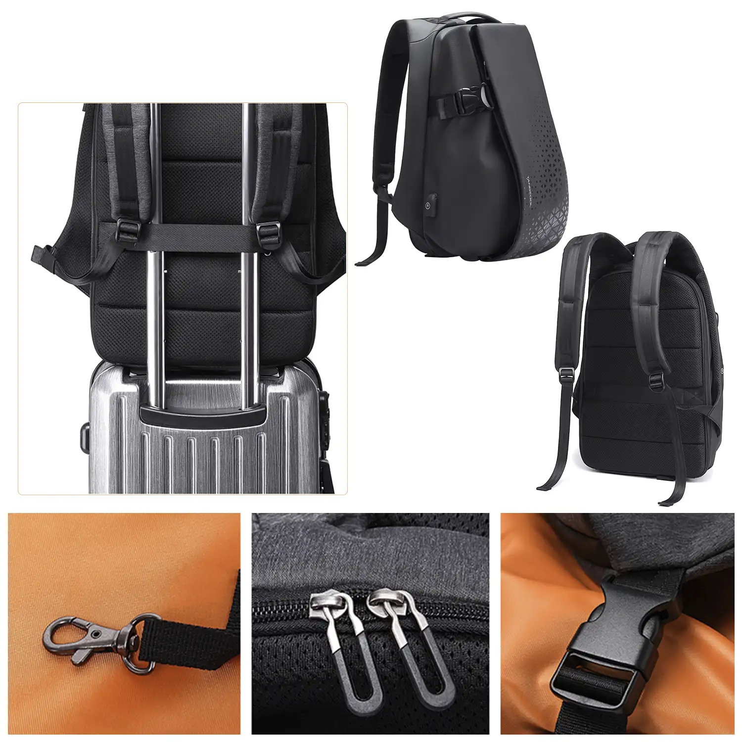 Mochila multi compartimento con capa impermeable. Toma USB externa. Laptop 17