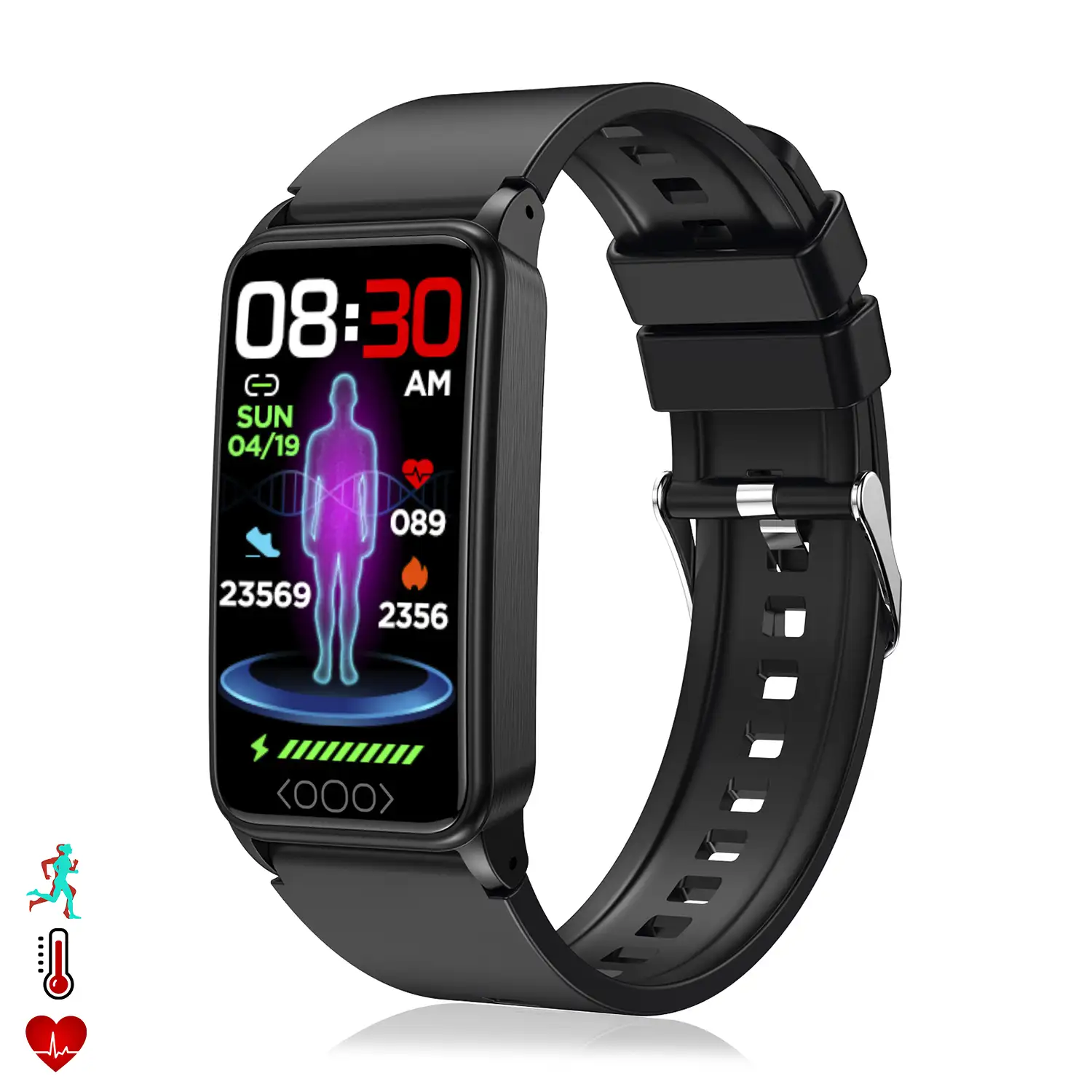 Brazalete inteligente TK71 Pro con temperatura corporal; monitor de glucosa, ácido úrico, estrés, cardiaco y de tensión.