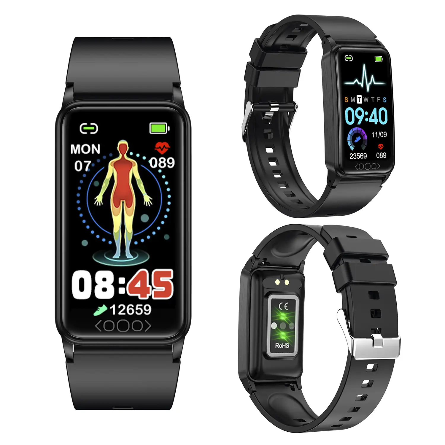 Brazalete inteligente TK71 Pro con temperatura corporal; monitor de glucosa, ácido úrico, estrés, cardiaco y de tensión.