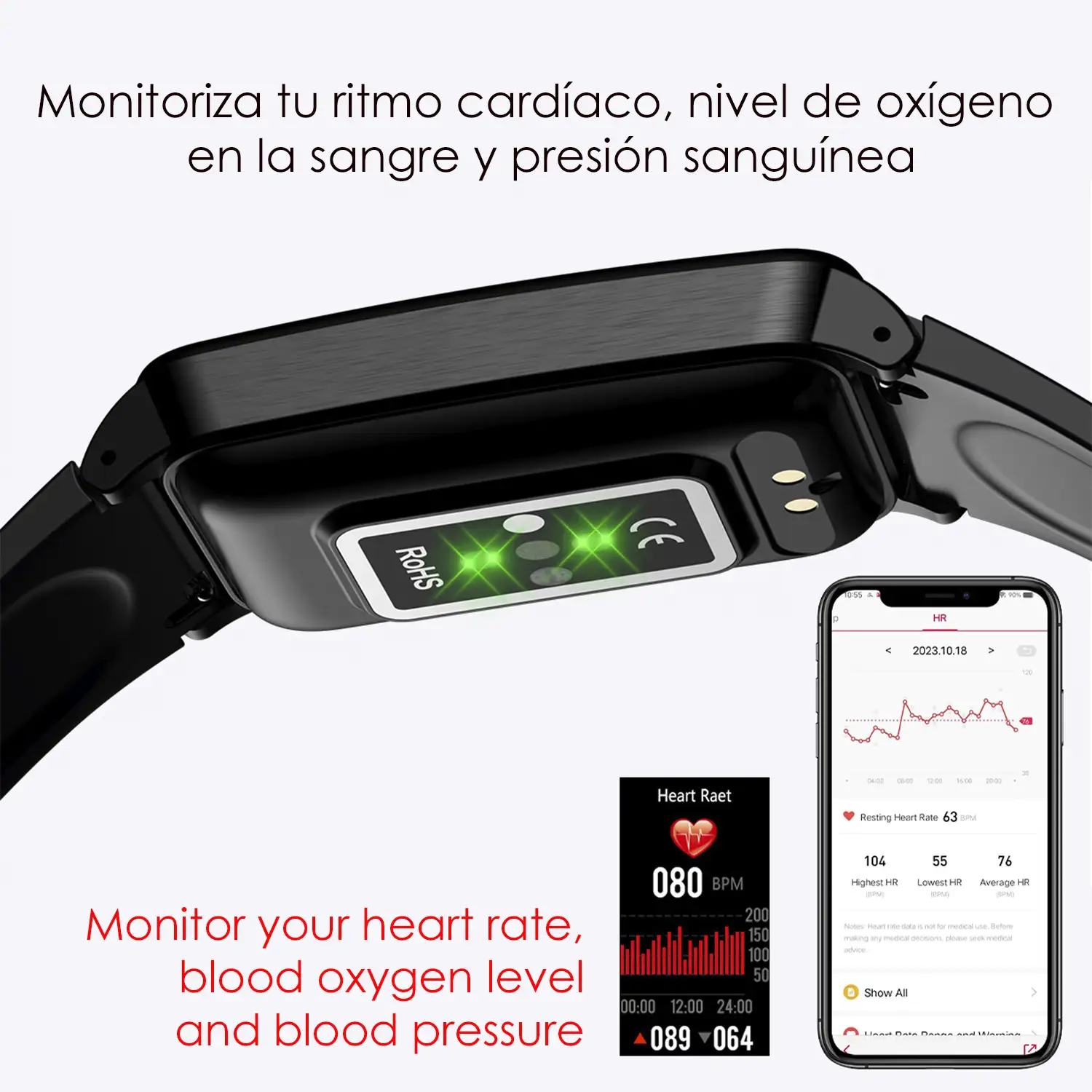 Brazalete inteligente TK71 Pro con temperatura corporal; monitor de glucosa, ácido úrico, estrés, cardiaco y de tensión.