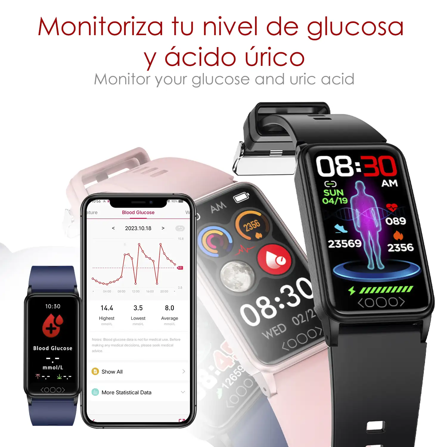 Brazalete inteligente TK71 Pro con temperatura corporal; monitor de glucosa, ácido úrico, estrés, cardiaco y de tensión.