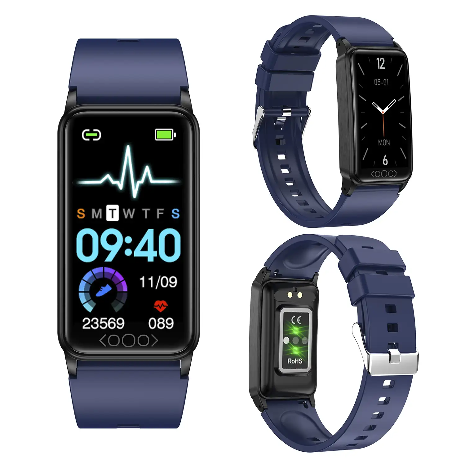 Brazalete inteligente TK71 Pro con temperatura corporal; monitor de glucosa, ácido úrico, estrés, cardiaco y de tensión.