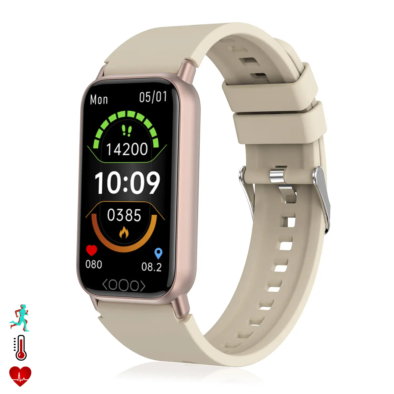 Brazalete inteligente TK72 con temperatura corporal; monitor de glucosa, ácido úrico, cardiaco y de tensión.