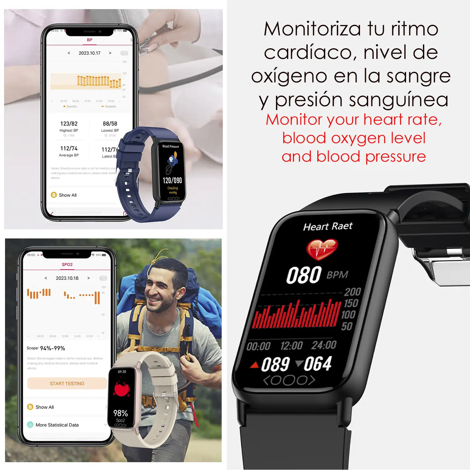 Brazalete inteligente TK72 con temperatura corporal; monitor de glucosa, ácido úrico, cardiaco y de tensión.