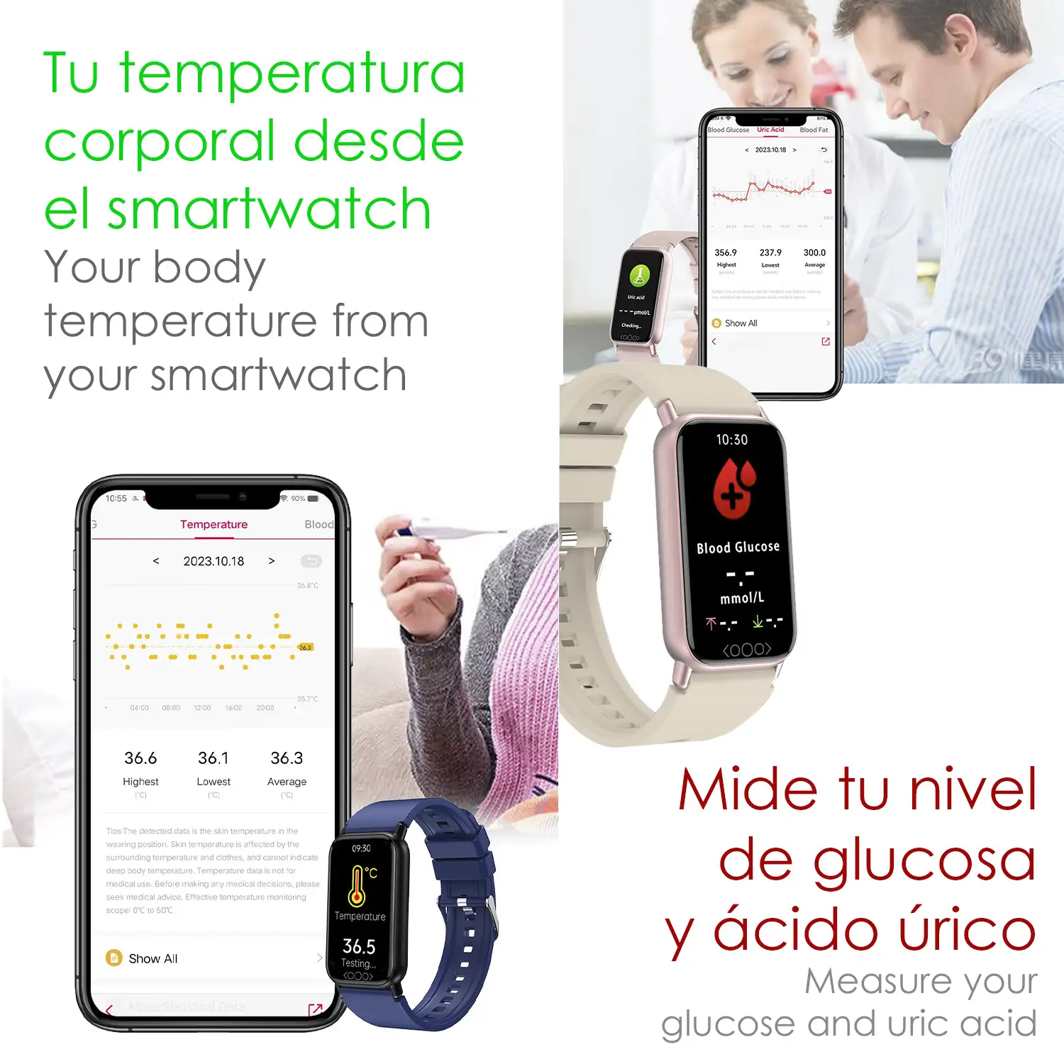 Brazalete inteligente TK72 con temperatura corporal; monitor de glucosa, ácido úrico, cardiaco y de tensión.