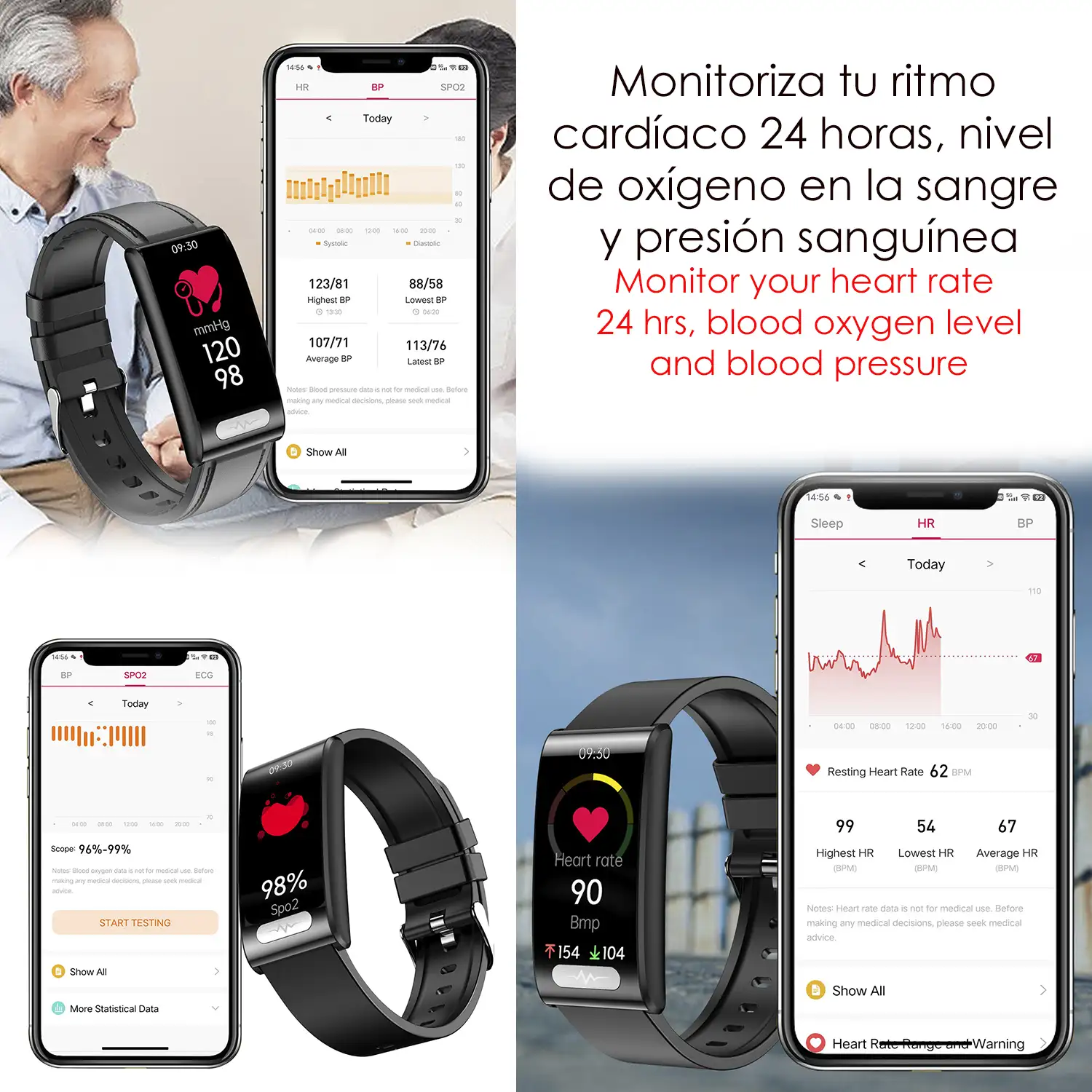 Brazalete inteligente TK70 ECG, monitor de glucosa en sangre, oxígeno y tensión, frecuencia cardiaca 24 horas, termómetro corporal.