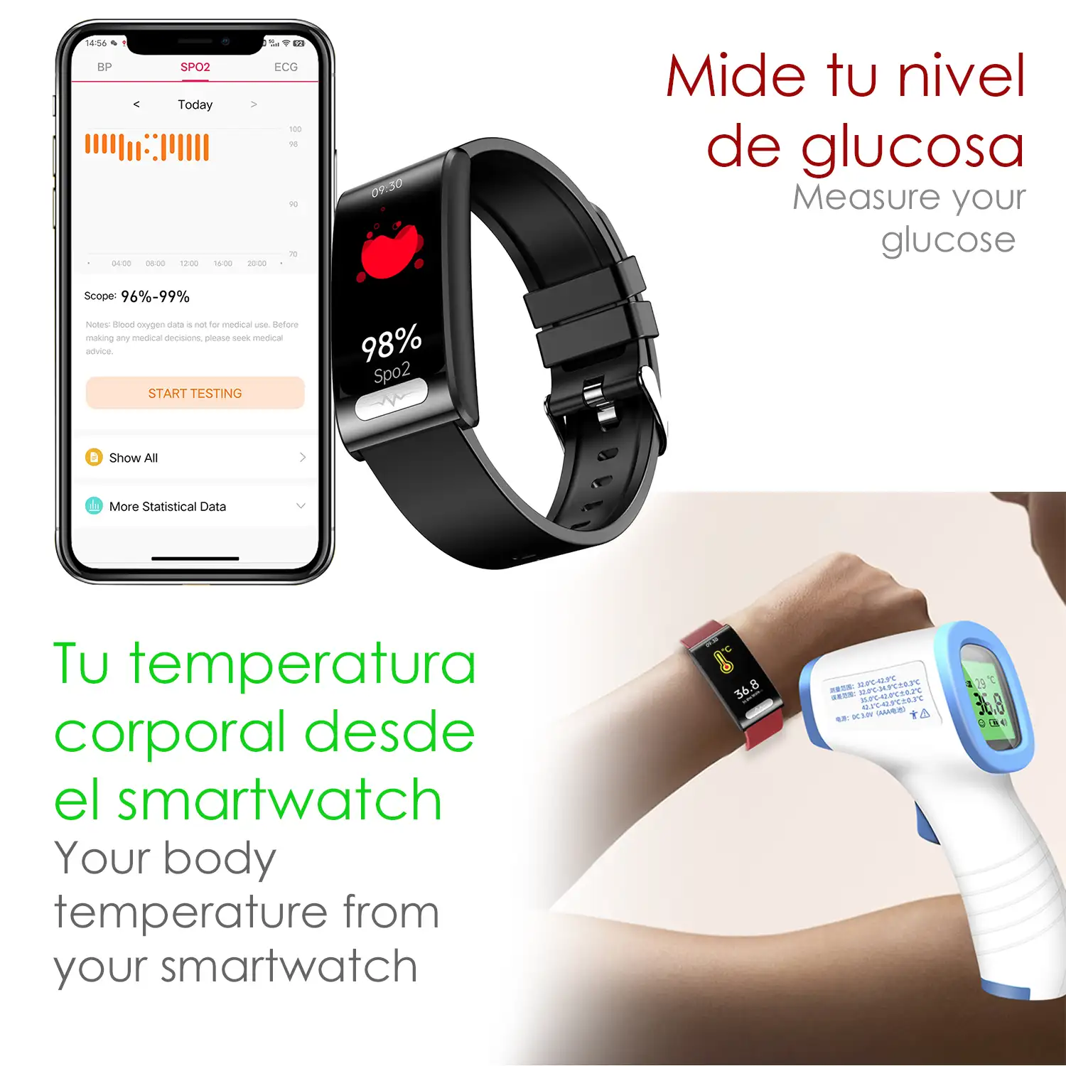 Brazalete inteligente TK70 ECG, monitor de glucosa en sangre, oxígeno y tensión, frecuencia cardiaca 24 horas, termómetro corporal.