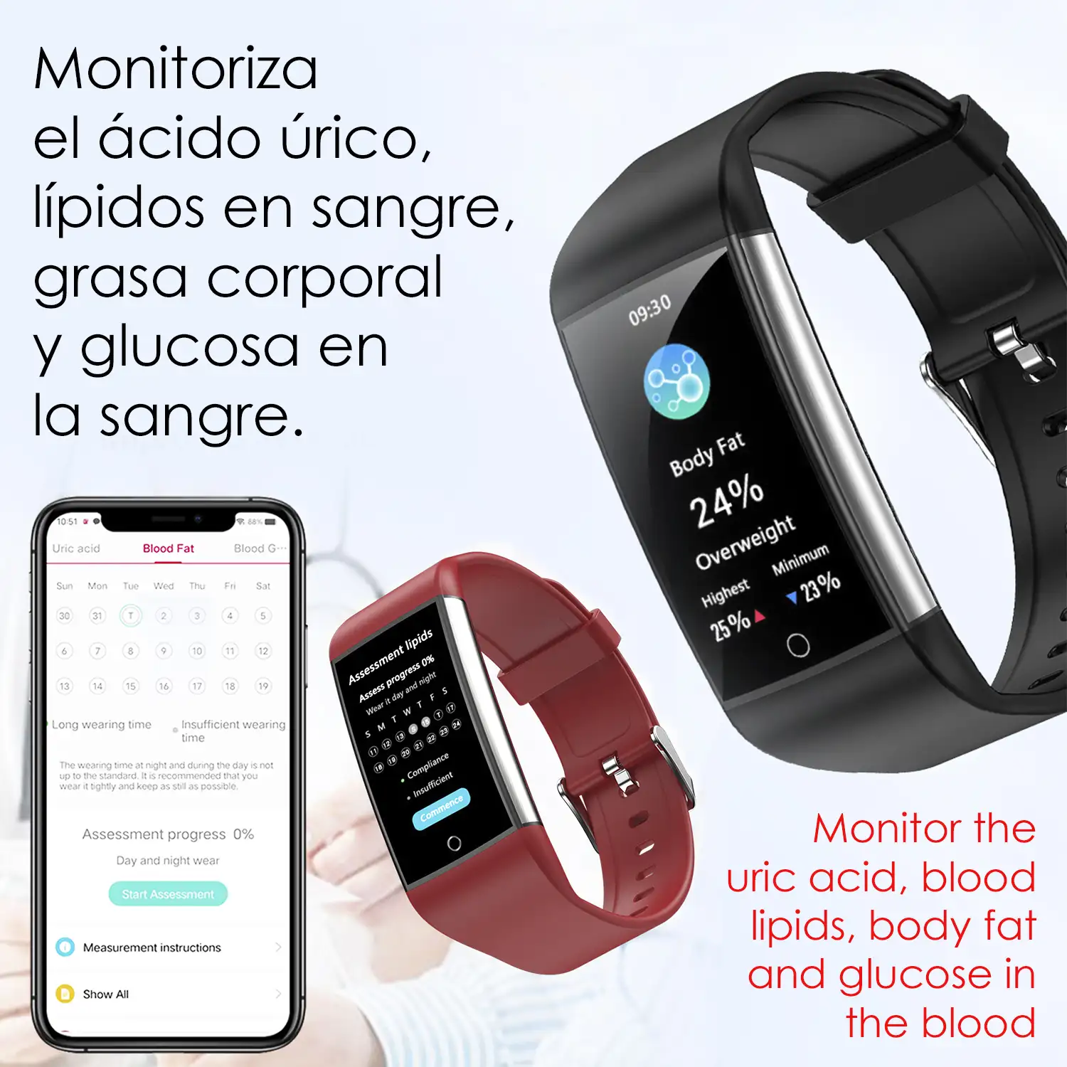 Brazalete inteligente TK76. Terapia de moxibustión magnética. Monitor de ácido úrico, lípidos en sangre, grasa corporal, glucosa en sangre.
