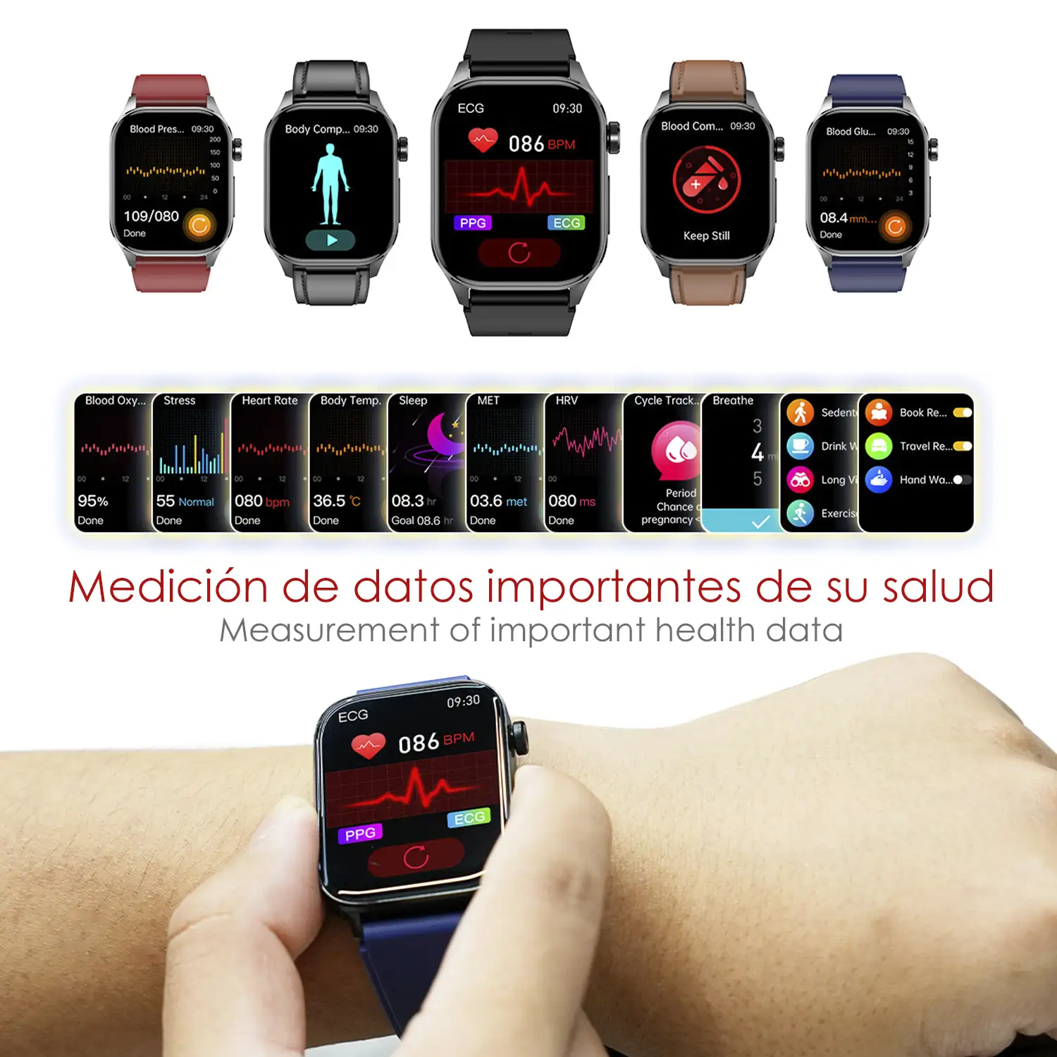 Smartwatch ET580. ECG con banda para pecho, glucosa en sangre, ácido úrico y lípidos, IMC grasa corporal, temperatura, O2 y tensión.