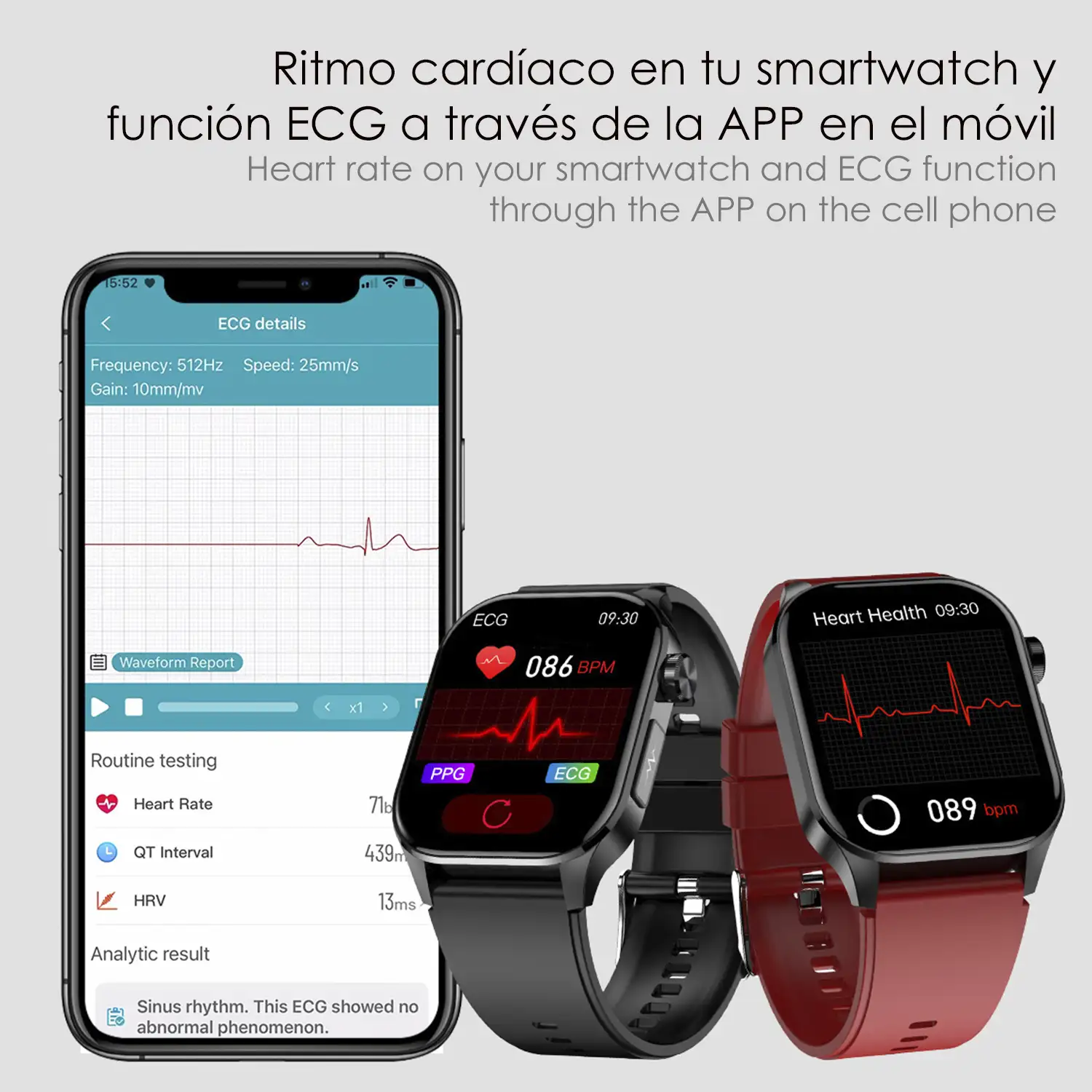 Smartwatch ET580. ECG con banda para pecho, glucosa en sangre, ácido úrico y lípidos, IMC grasa corporal, temperatura, O2 y tensión.