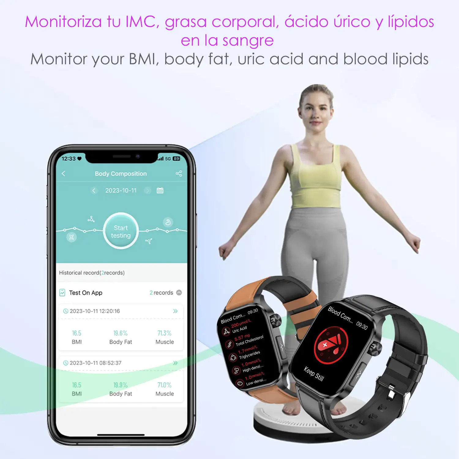 Smartwatch ET580. ECG con banda para pecho, glucosa en sangre, ácido úrico y lípidos, IMC grasa corporal, temperatura, O2 y tensión.