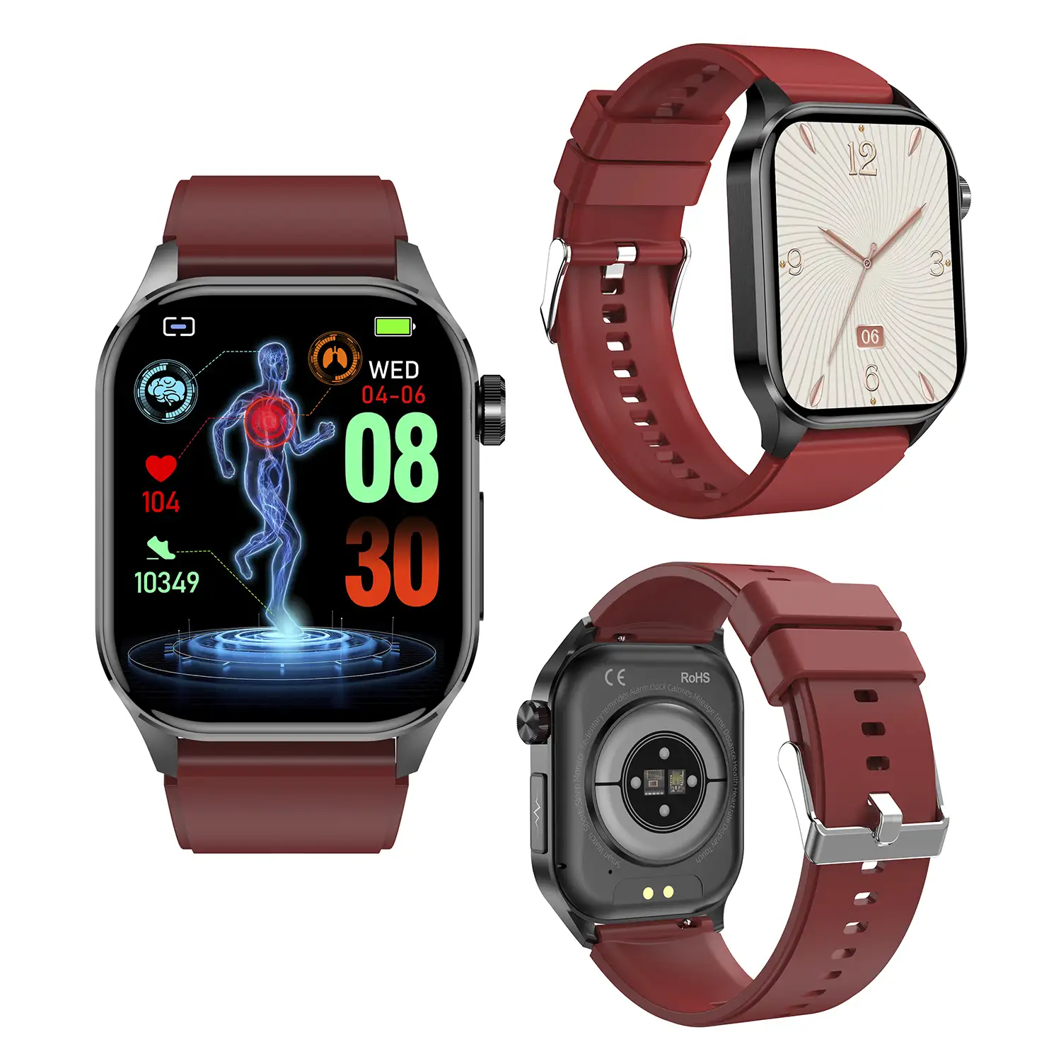 Smartwatch ET580. ECG con banda para pecho, glucosa en sangre, ácido úrico y lípidos, IMC grasa corporal, temperatura, O2 y tensión.