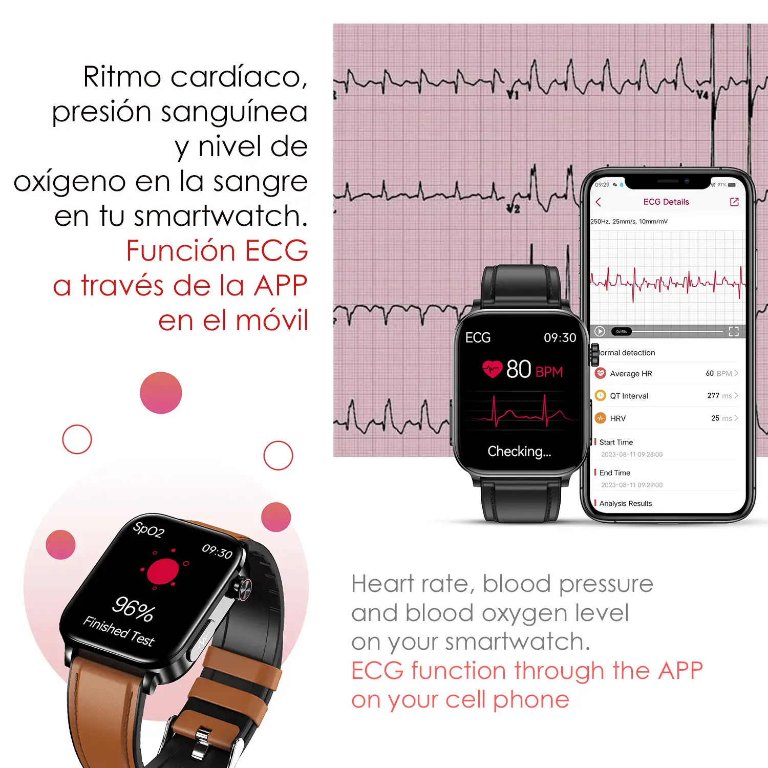 Smartwatch TK15. ECG , glucosa en sangre, ácido úrico y lípidos, IMC grasa corporal, temperatura, O2 y tensión.