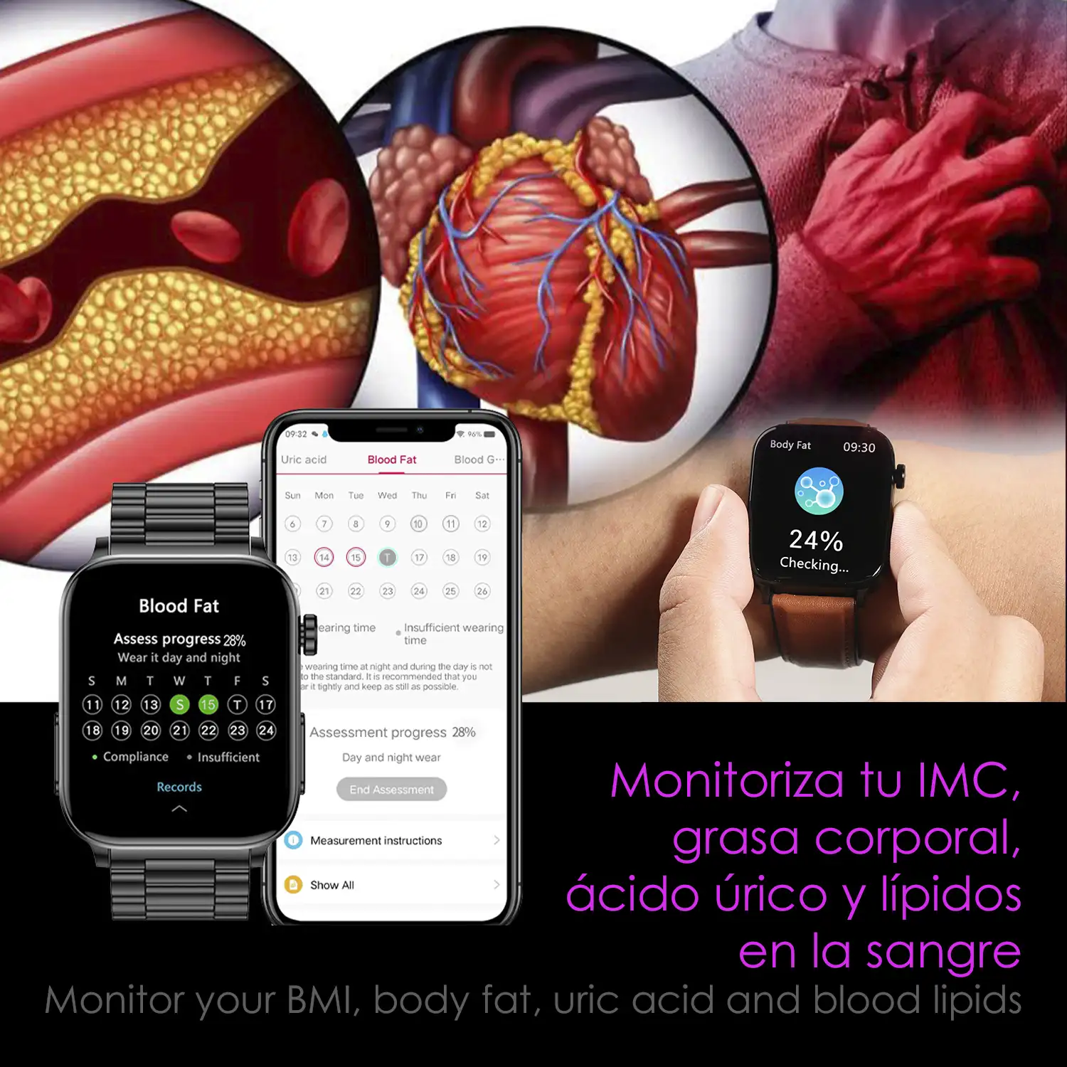 Smartwatch TK15. ECG , glucosa en sangre, ácido úrico y lípidos, IMC grasa corporal, temperatura, O2 y tensión.