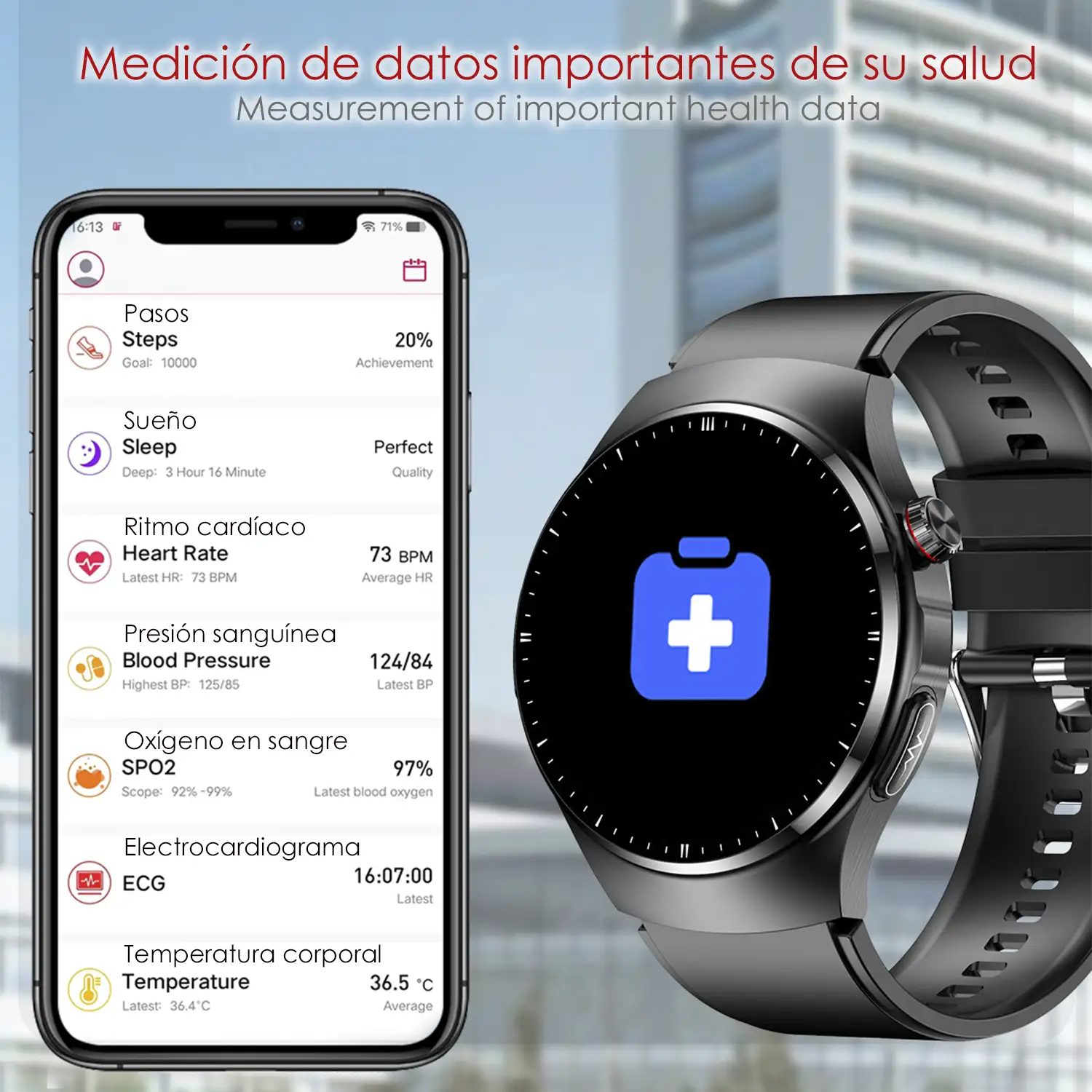 Smartwatch TK25. ECG , glucosa en sangre, ácido úrico y lípidos, IMC grasa corporal, temperatura, O2 y tensión.