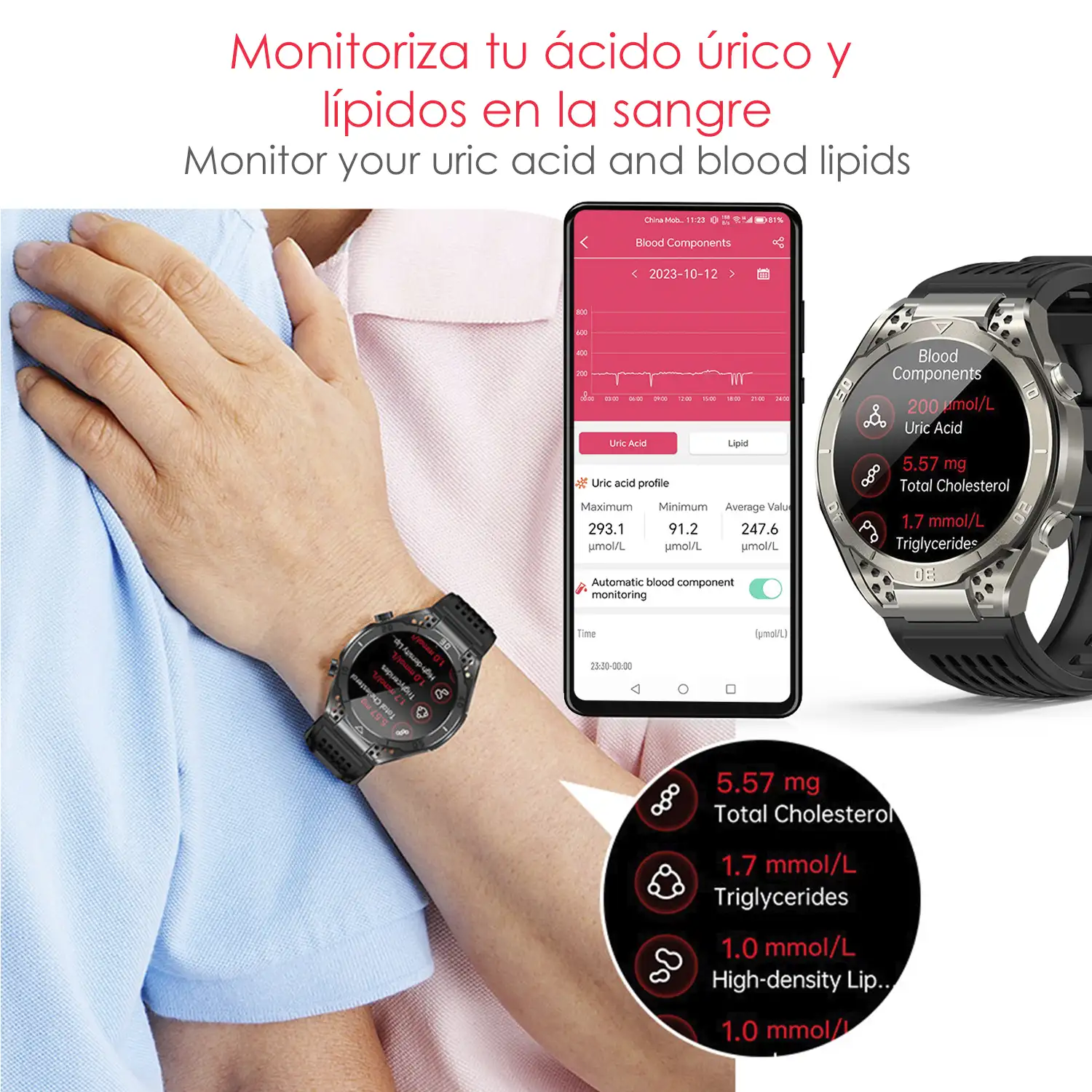 Smartwatch JA01. Monitor de ácido úrico y lípidos, control de glucosa en sangre, electrocardiograma ECG, composición corporal.