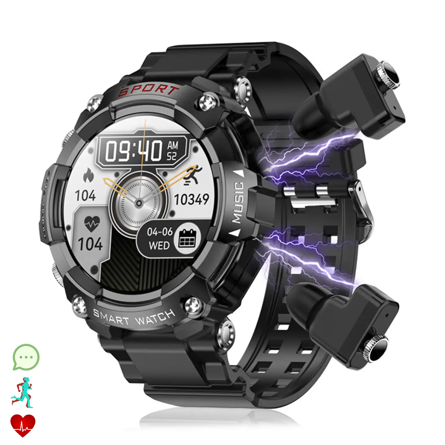Smartwatch T96 con auriculares TWS intergados. Reproducción musical del propio smartwatch y externa. Funciones deportivas y salud.