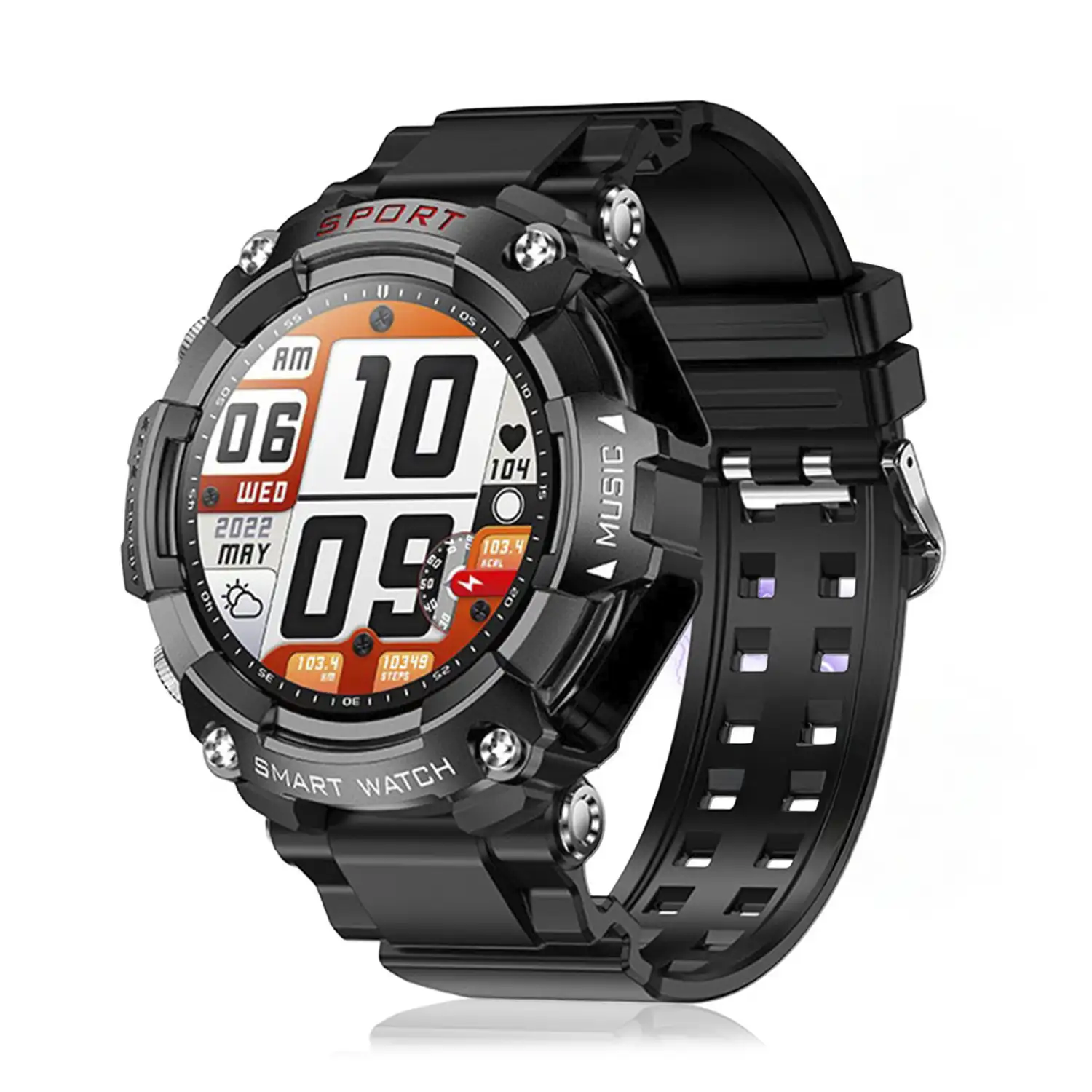 Smartwatch T96 con auriculares TWS intergados. Reproducción musical del propio smartwatch y externa. Funciones deportivas y salud.