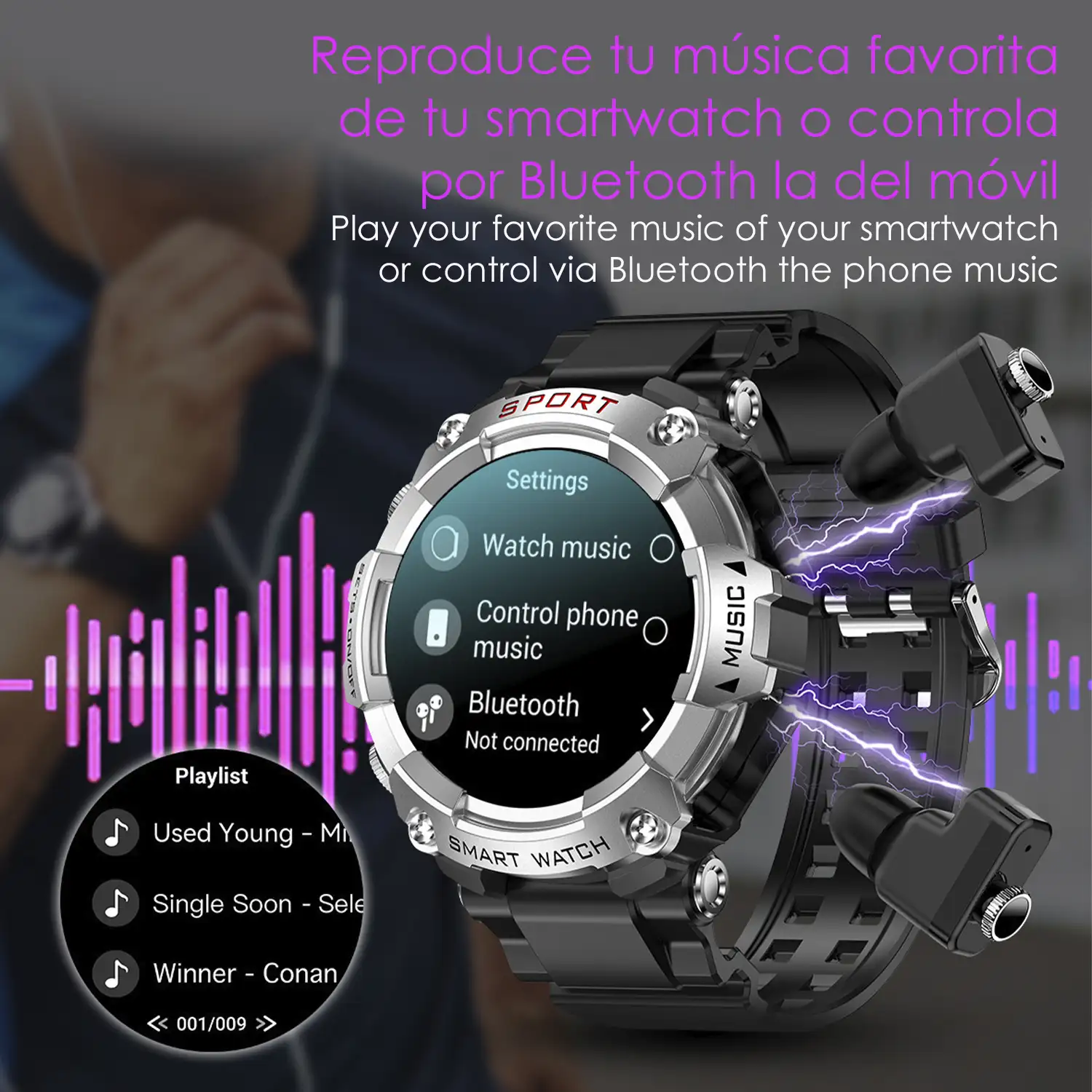 Smartwatch T96 con auriculares TWS intergados. Reproducción musical del propio smartwatch y externa. Funciones deportivas y salud.