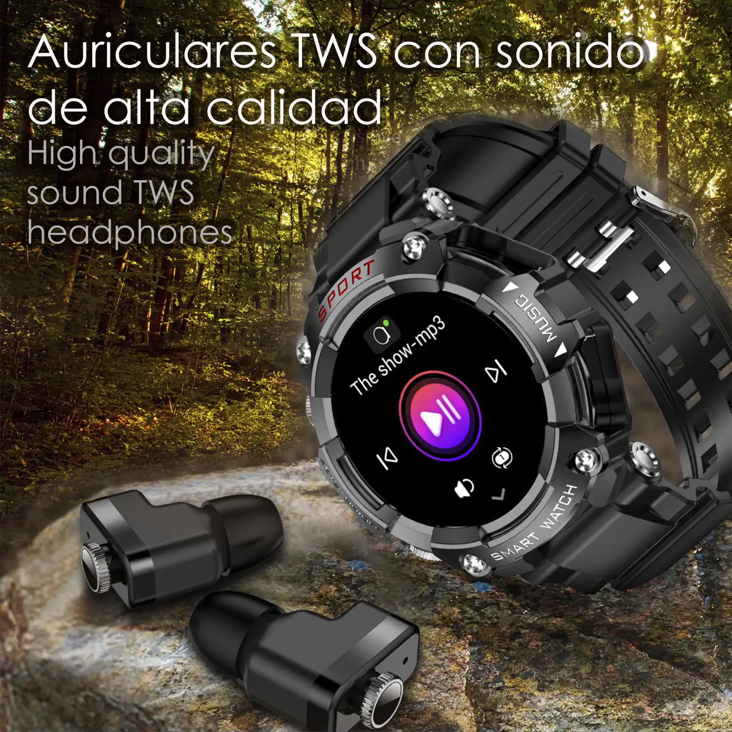 Smartwatch T96 con auriculares TWS intergados. Reproducción musical del propio smartwatch y externa. Funciones deportivas y salud.
