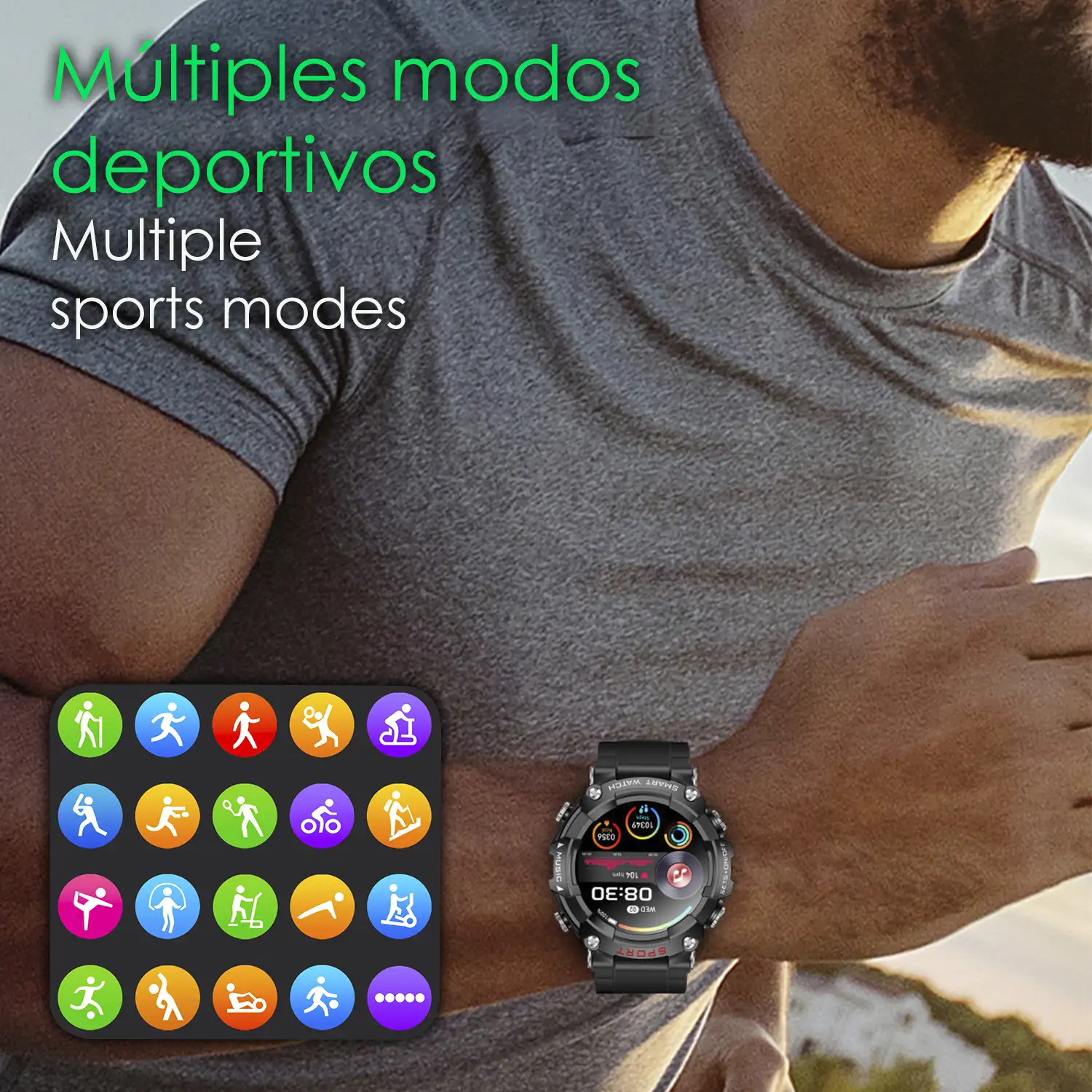 Smartwatch T96 con auriculares TWS intergados. Reproducción musical del propio smartwatch y externa. Funciones deportivas y salud.
