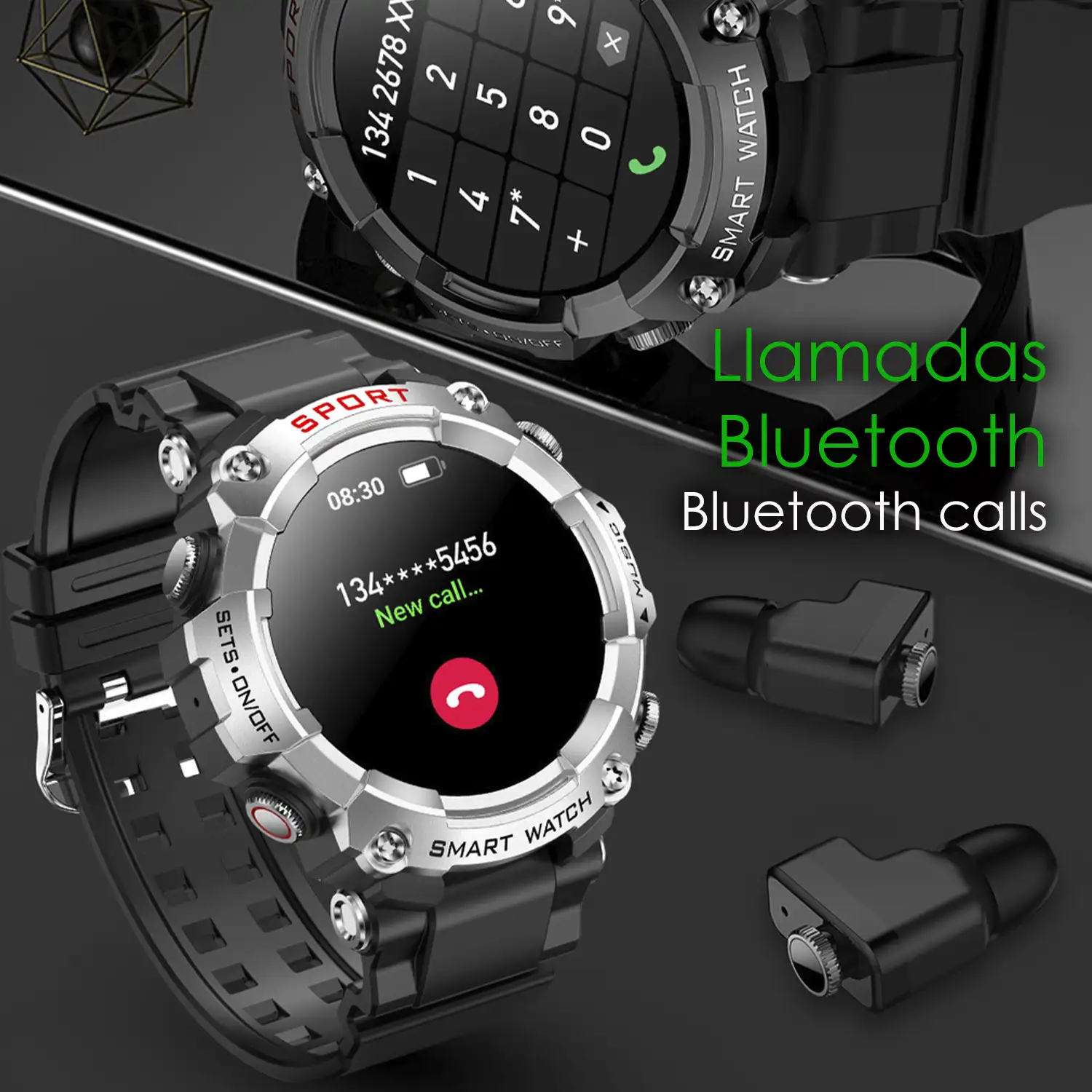 Smartwatch T96 con auriculares TWS intergados. Reproducción musical del propio smartwatch y externa. Funciones deportivas y salud.