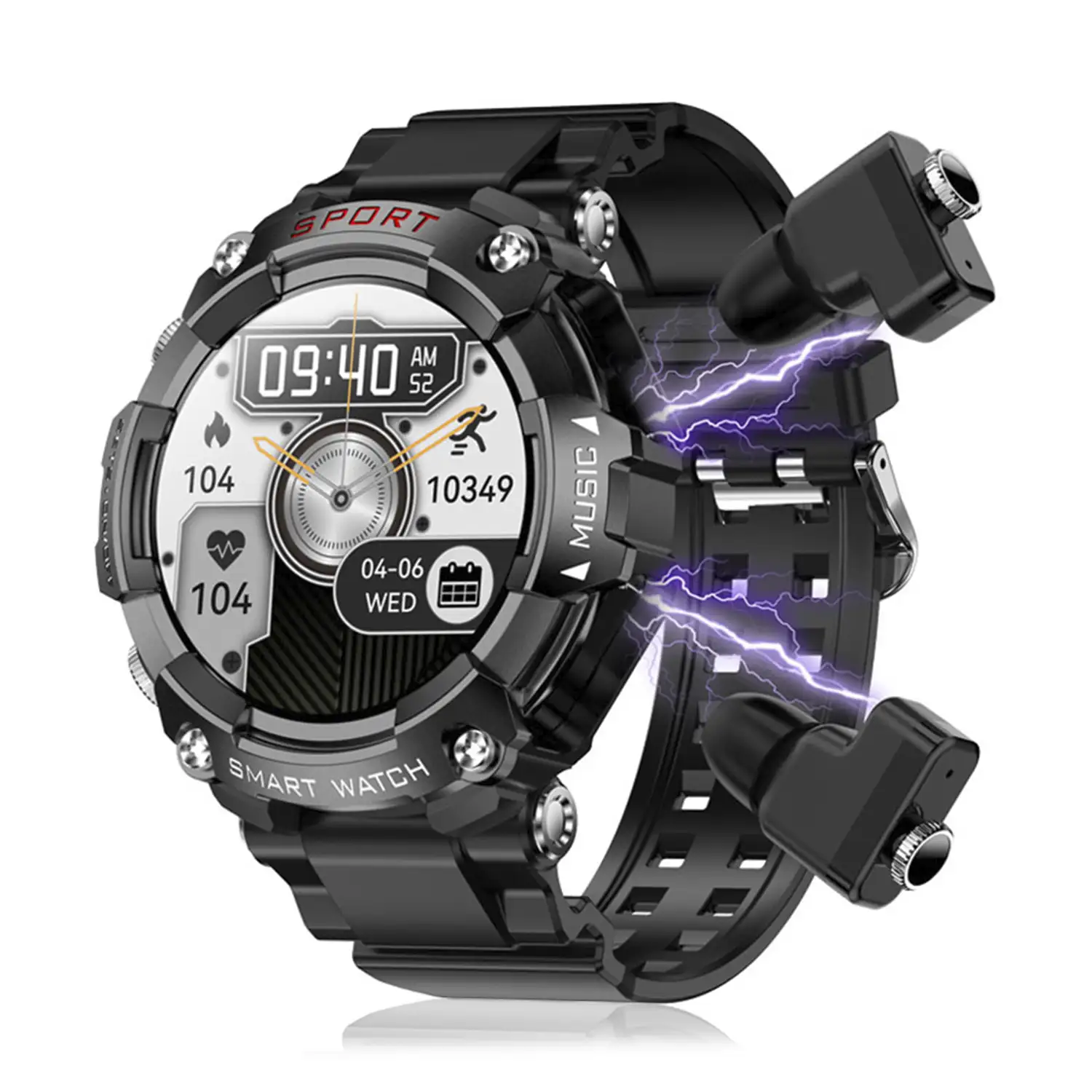 Smartwatch T96 con auriculares TWS intergados. Reproducción musical del propio smartwatch y externa. Funciones deportivas y salud.