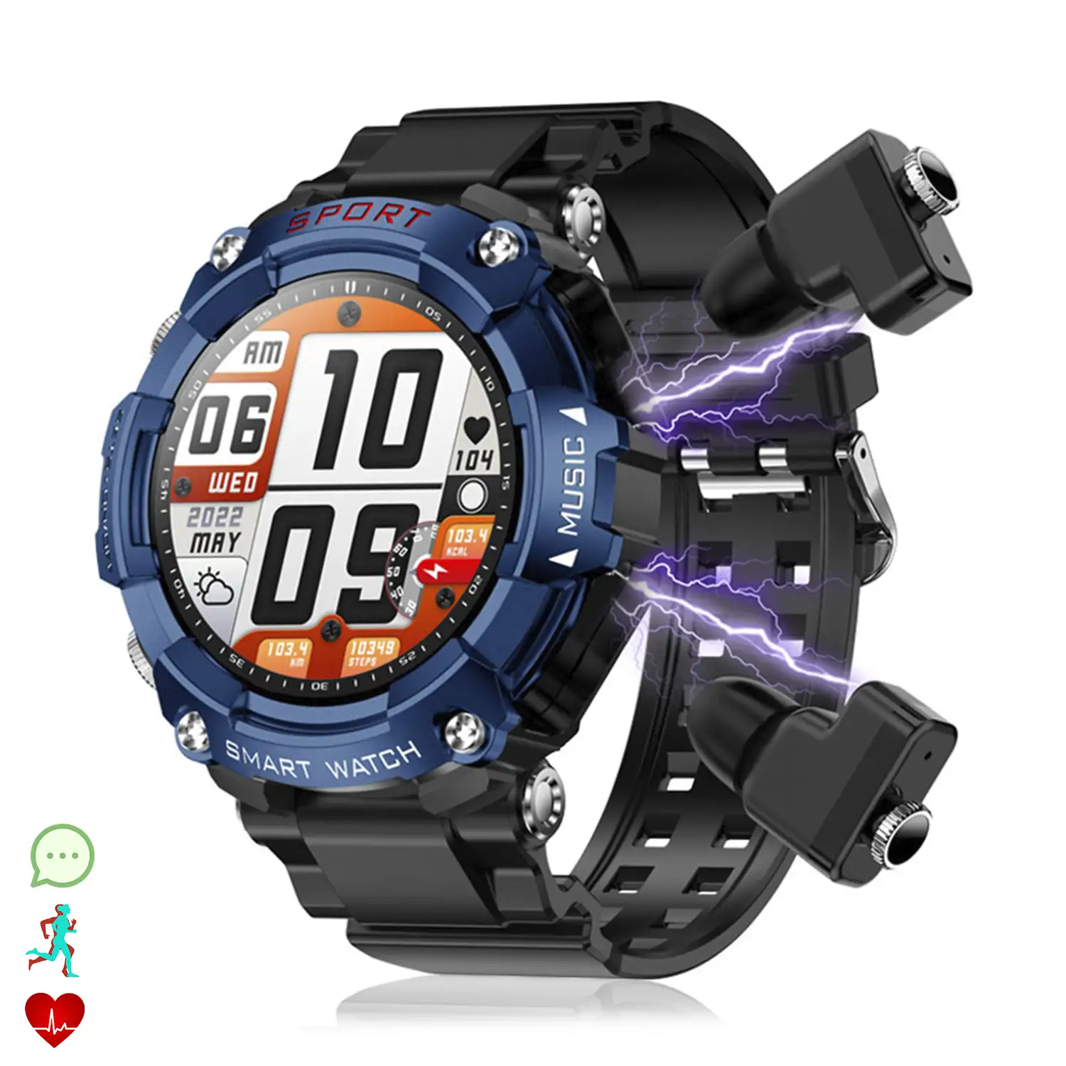 Smartwatch T96 con auriculares TWS intergados. Reproducción musical del propio smartwatch y externa. Funciones deportivas y salud.