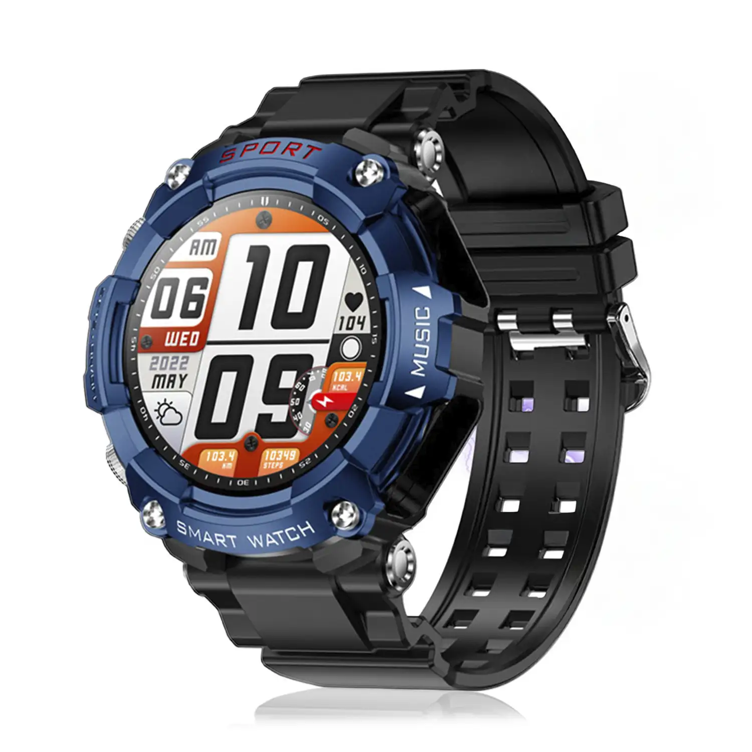 Smartwatch T96 con auriculares TWS intergados. Reproducción musical del propio smartwatch y externa. Funciones deportivas y salud.
