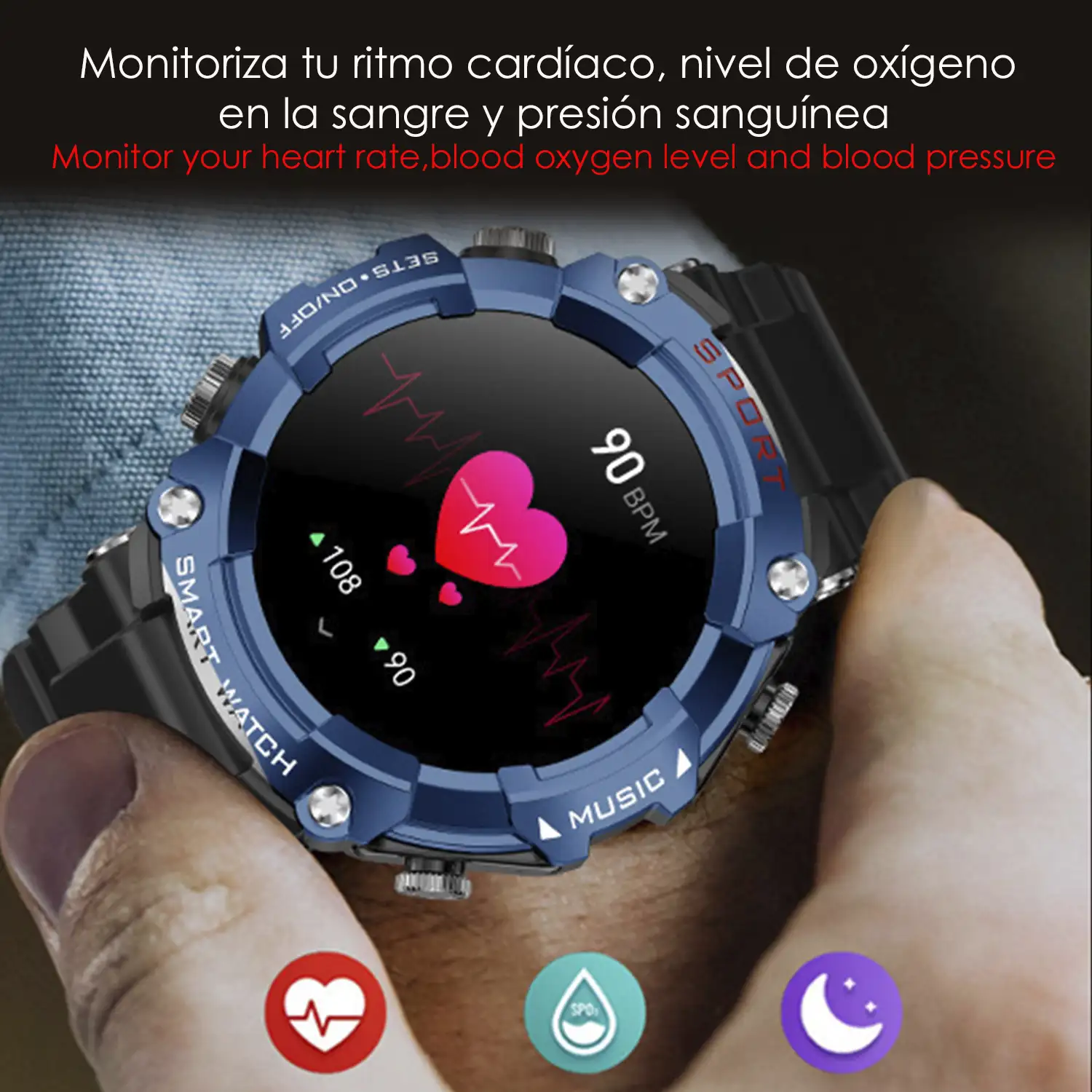 Smartwatch T96 con auriculares TWS intergados. Reproducción musical del propio smartwatch y externa. Funciones deportivas y salud.