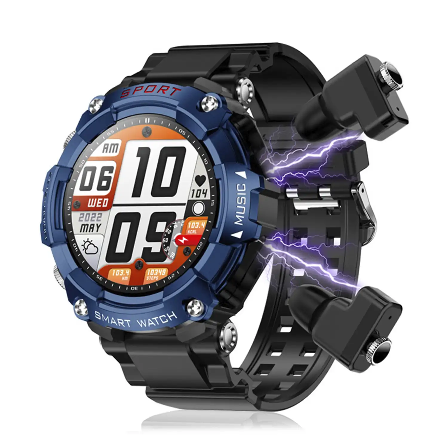 Smartwatch T96 con auriculares TWS intergados. Reproducción musical del propio smartwatch y externa. Funciones deportivas y salud.