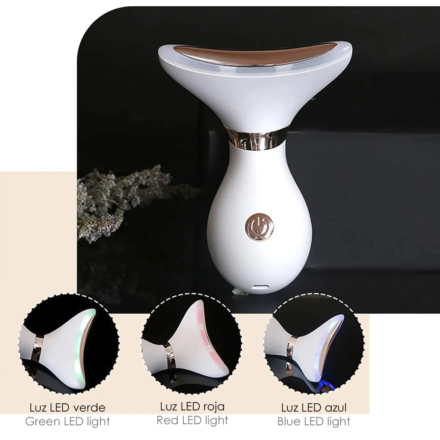 Instrumento de belleza, cuidado de la piel, 5 en 1: calor, vibración y tratamiento de luz LED triple.