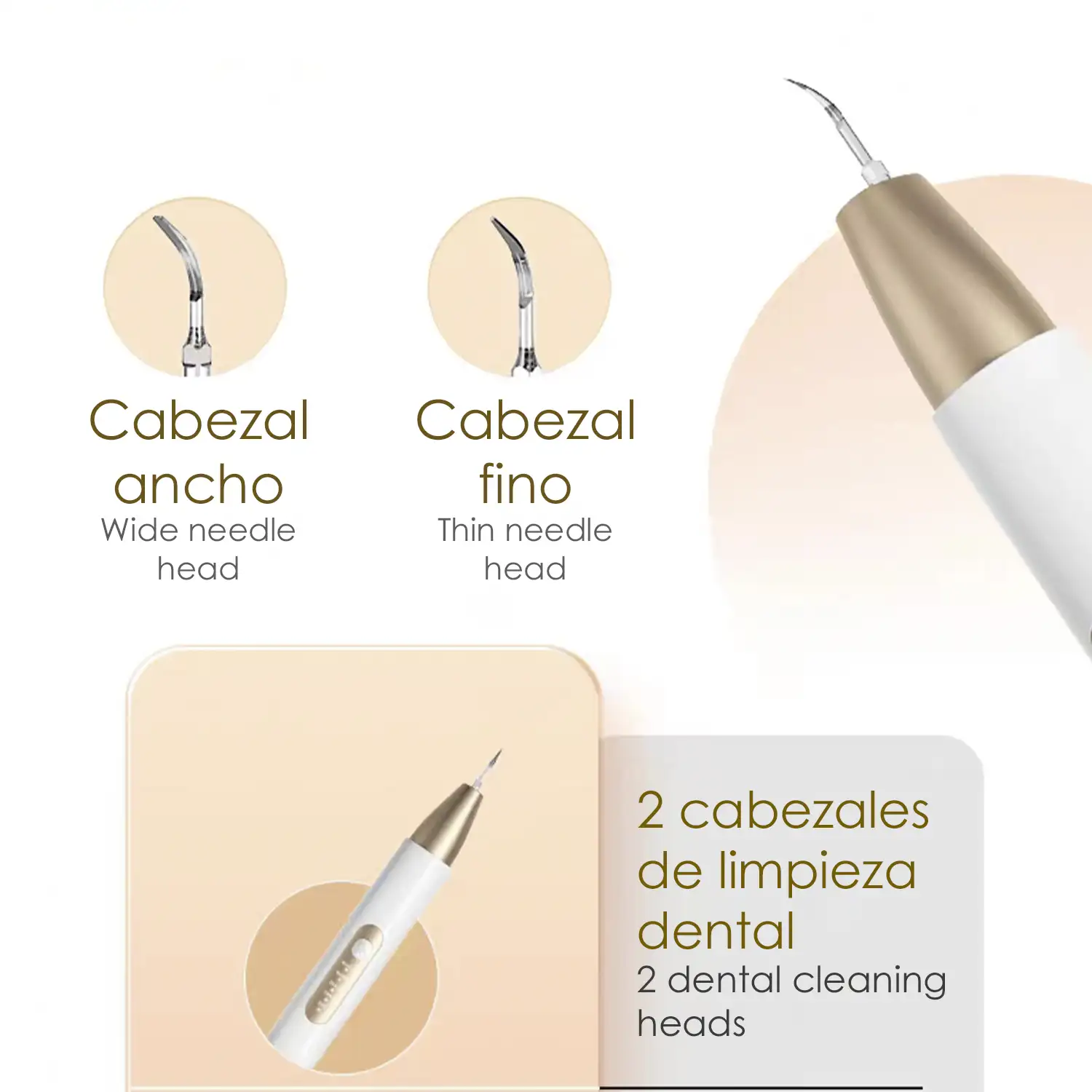 Escarificador dental ultrasónico. Base de carga, 2 cabezales incluidos. 5 intensidades.