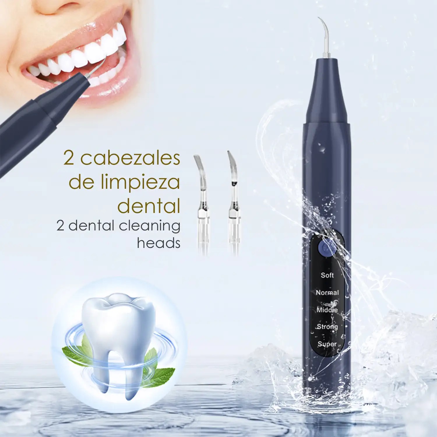 Escarificador dental ultrasónico. Base de carga, 2 cabezales incluidos. 5 intensidades.