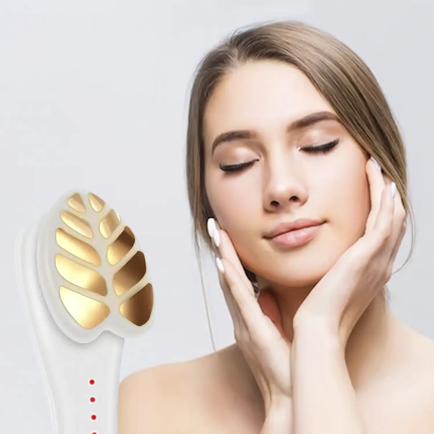 Instrumento de belleza con microcorrientes EMS, vibración, calor y tratamiento de luz roja.