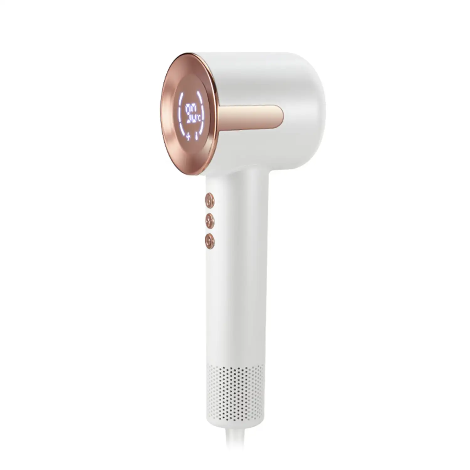 Secador de pelo ionizador de 1500W, 3 velocidades, hasta 90°C. Incluye cabezal concentrador magnético.