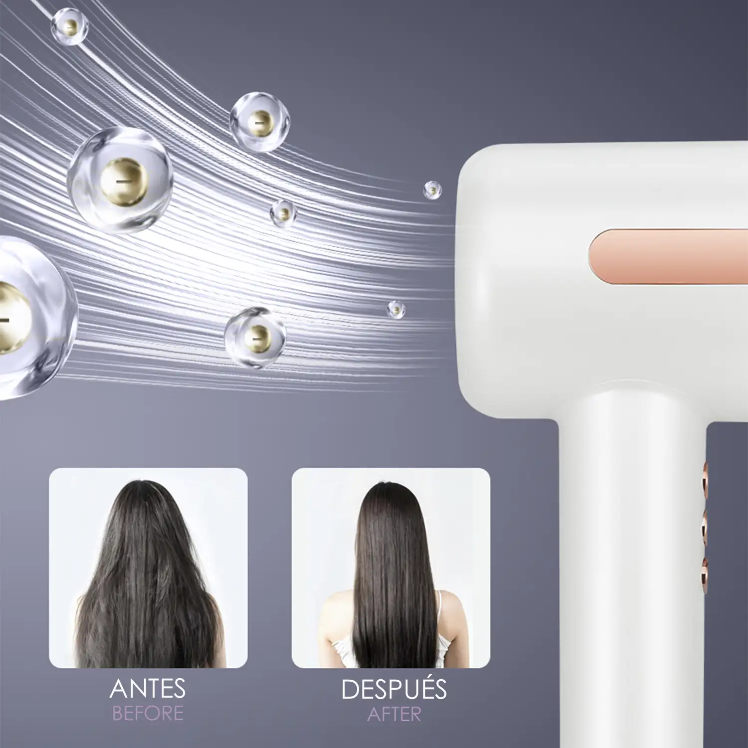 Secador de pelo ionizador de 1500W, 3 velocidades, hasta 90°C. Incluye cabezal concentrador magnético.