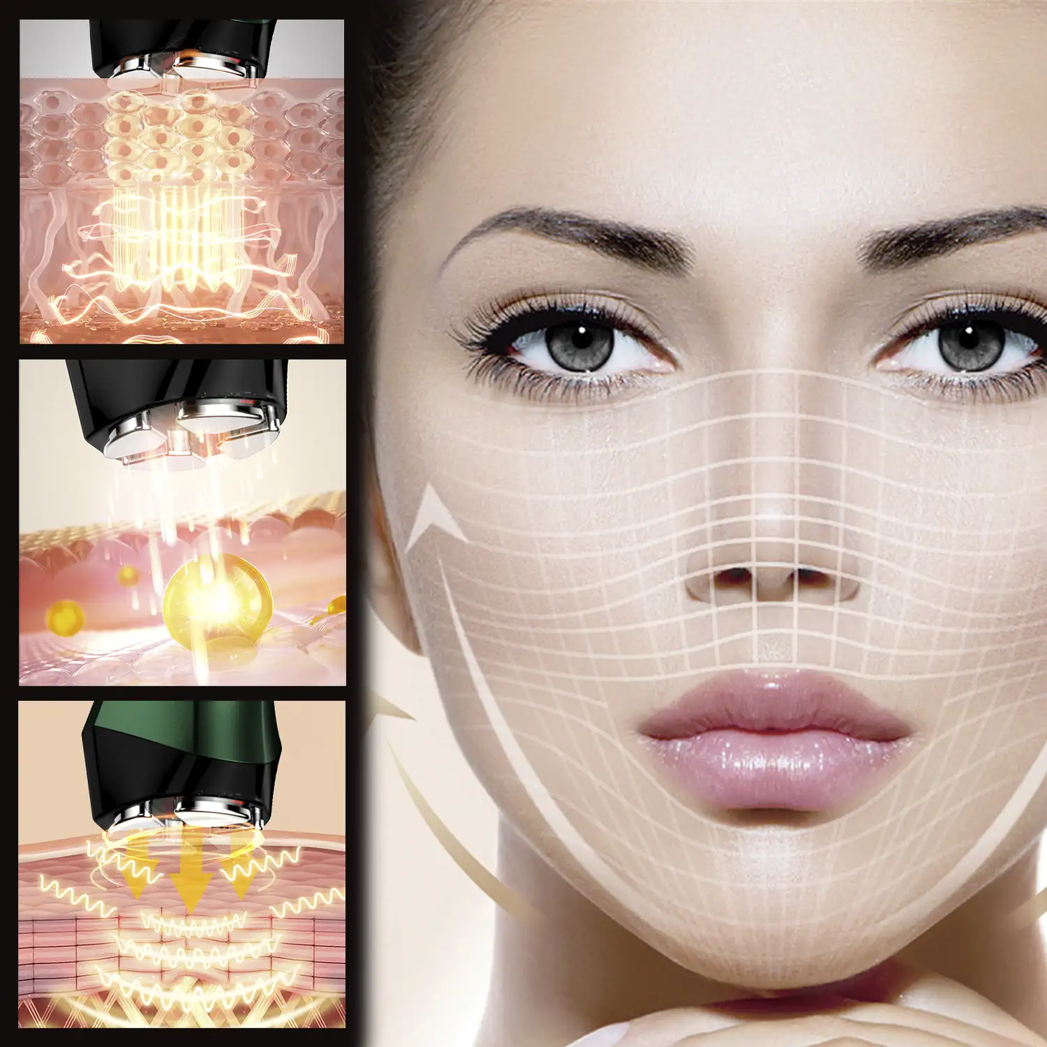 Instrumento de belleza facial. EMS, tratamiento de luz LED de 3 colores, WAV y VR. Tensa y rejuvence la piel.