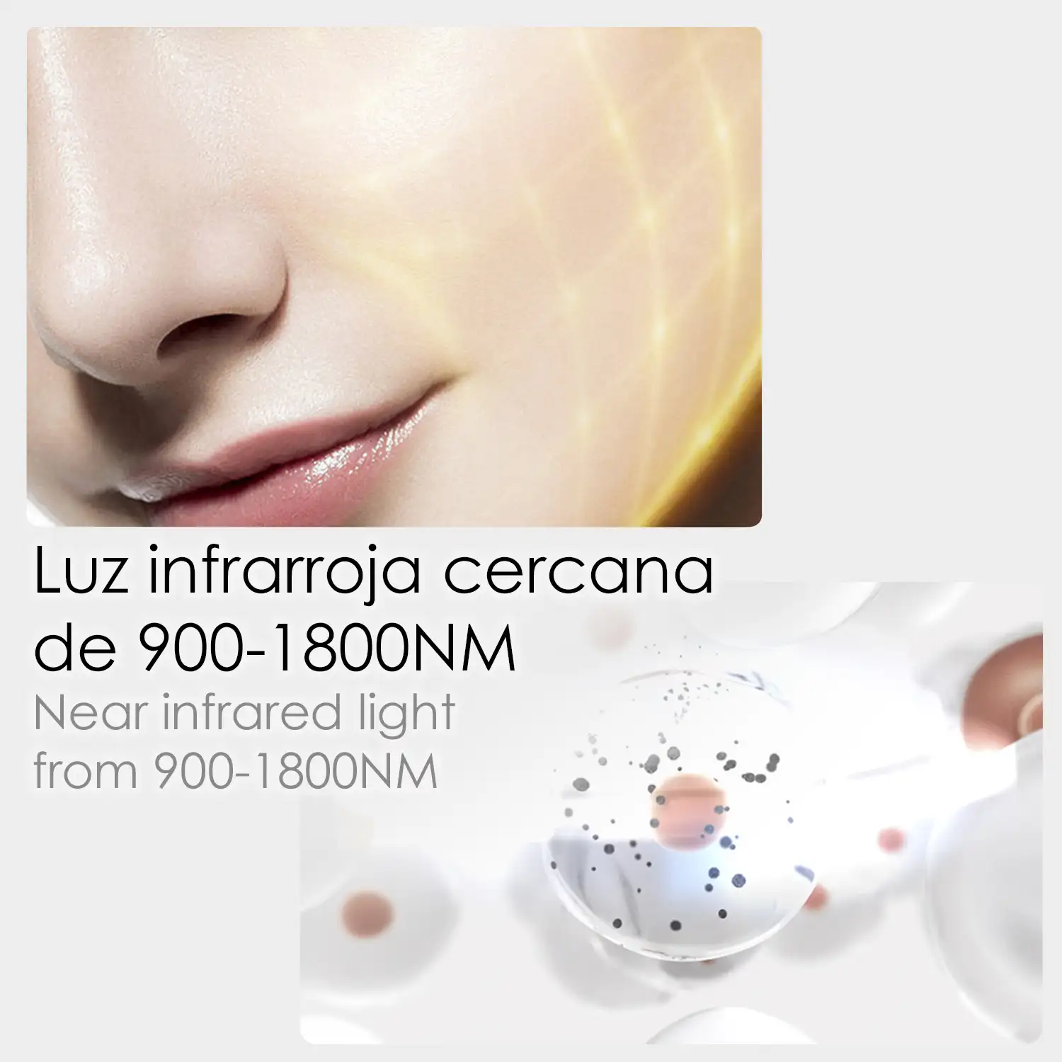 Instrumento de fototerapia inteligente. Luz infrarroja estroboscópica. Auto reparación, antioxidante, regeneración de colágeno, y piel transparente.