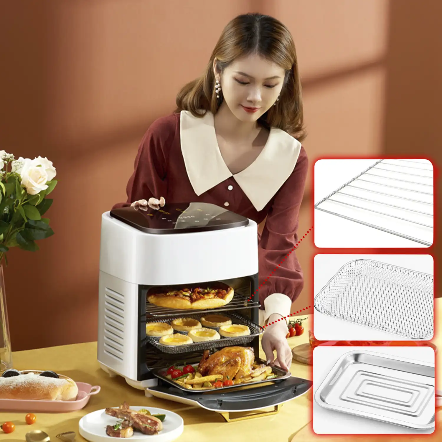 Freidora de aire 2 en 1 con horno. 15L, 1800W. Panel táctil, calentamiento 3D, rejilla antiadherente de acero inoxidable.